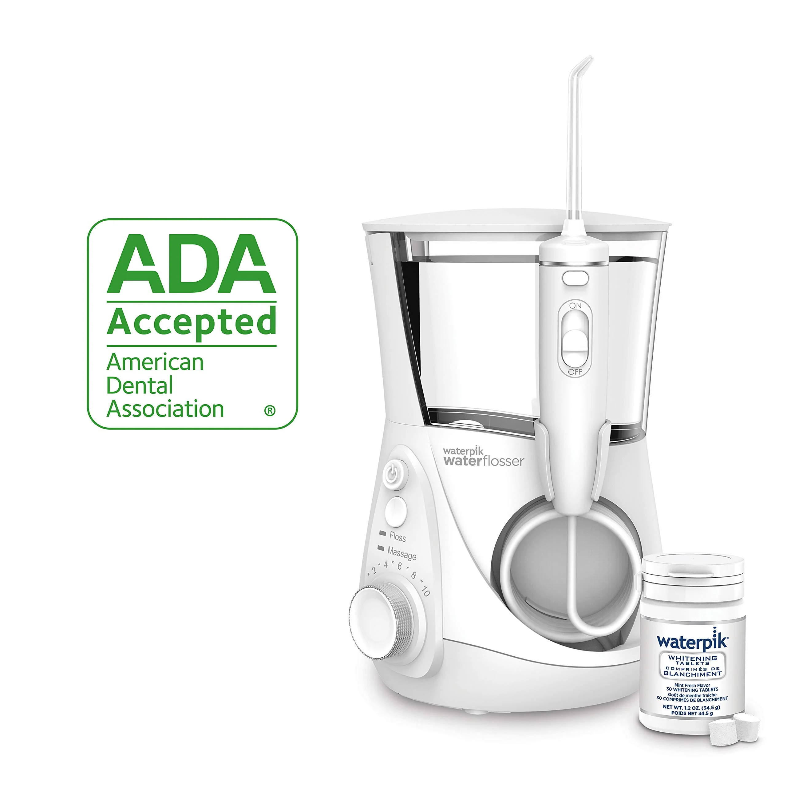 Waterpik Whitening Professional Water Flosser, Electric Power With 10 Settings, 30 Whitening Tablets, Whitens Teeth Gently, White WF-05