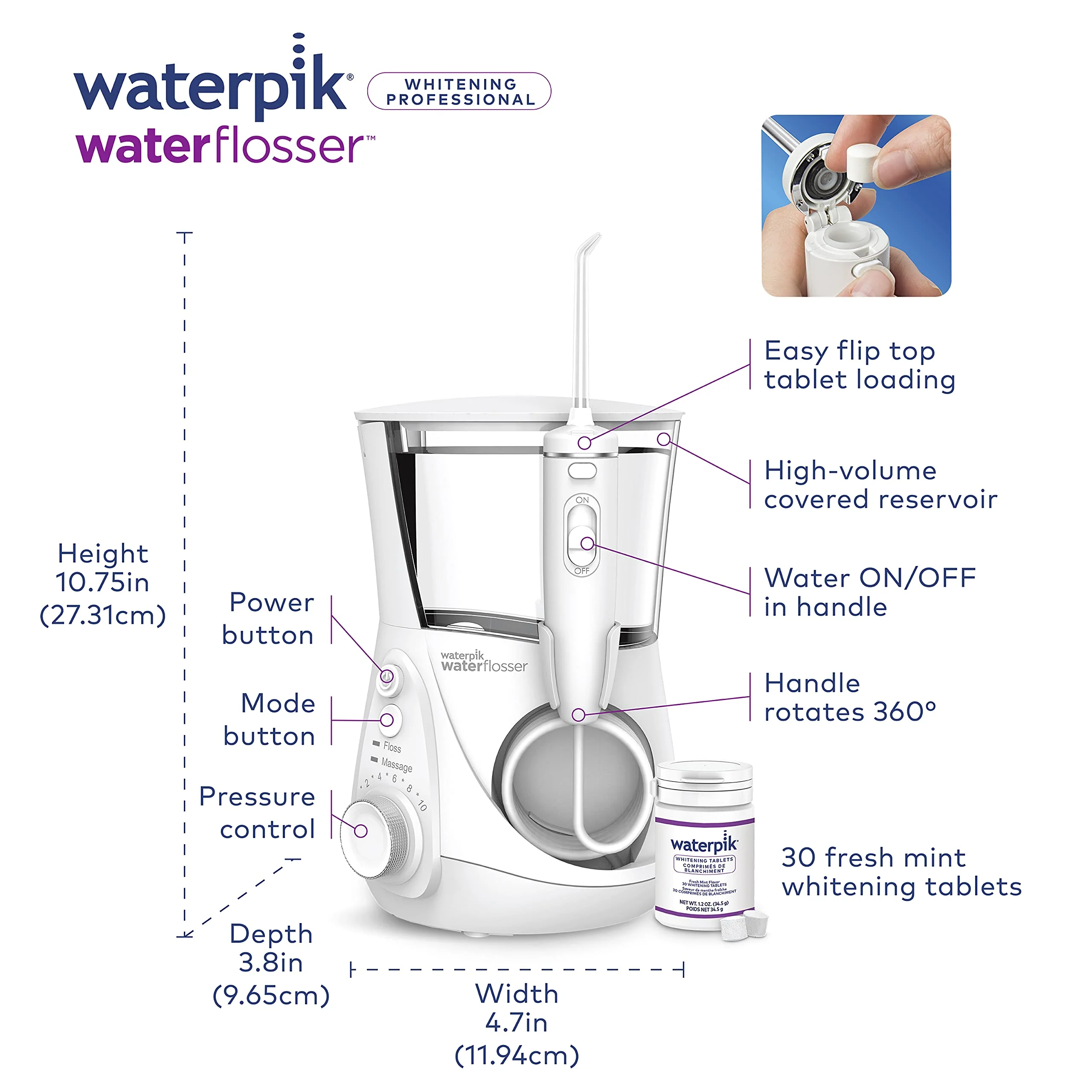 Waterpik Whitening Professional Water Flosser, Electric Power With 10 Settings, 30 Whitening Tablets, Whitens Teeth Gently, White WF-05 - Image 11