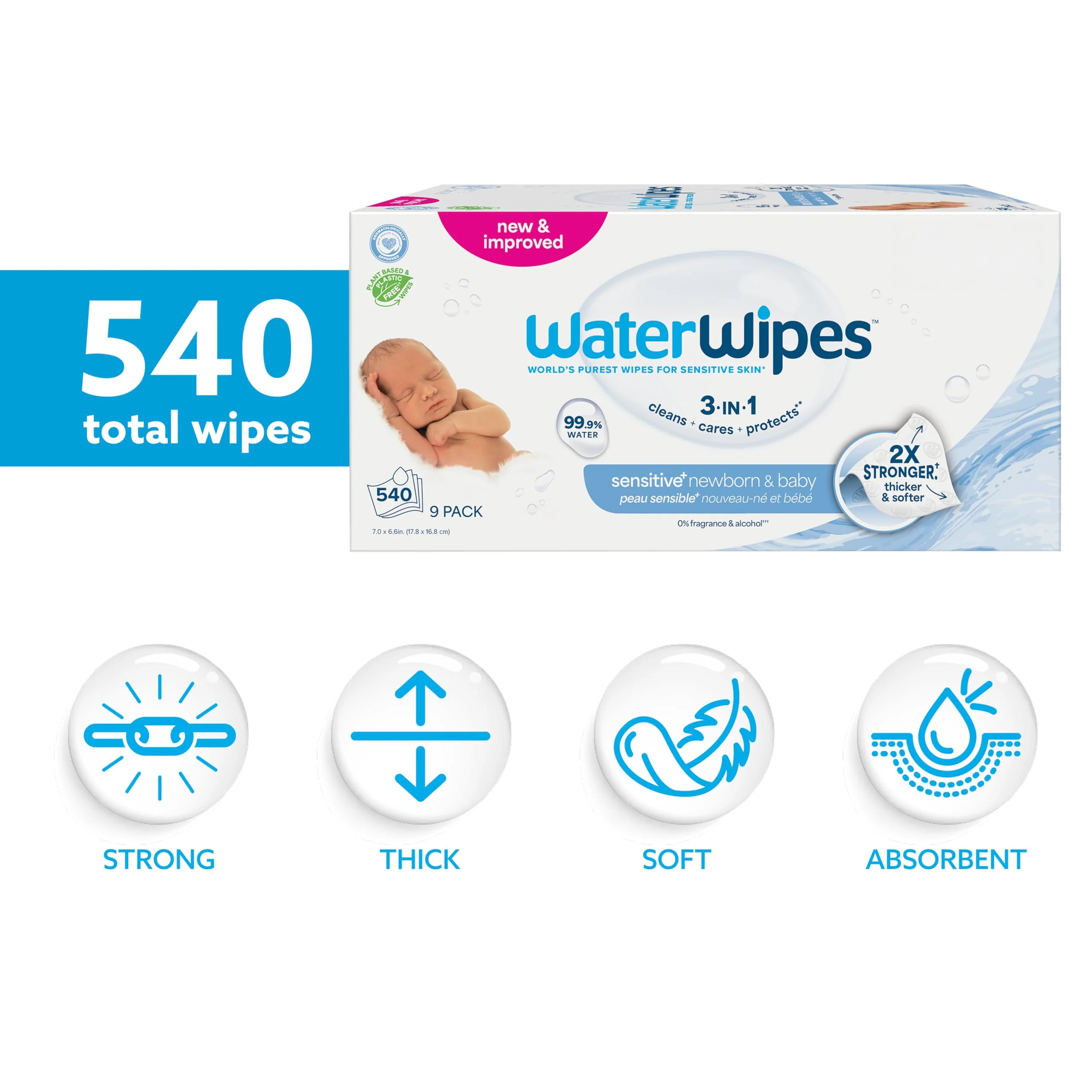 WaterWipes Sensitive+ Newborn & Baby Wipes, 3-In-1 Cleans, Cares, Protects, 99.9% Water, Unscented & Hypoallergenic, 540 Count (9 Packs) - Image 2