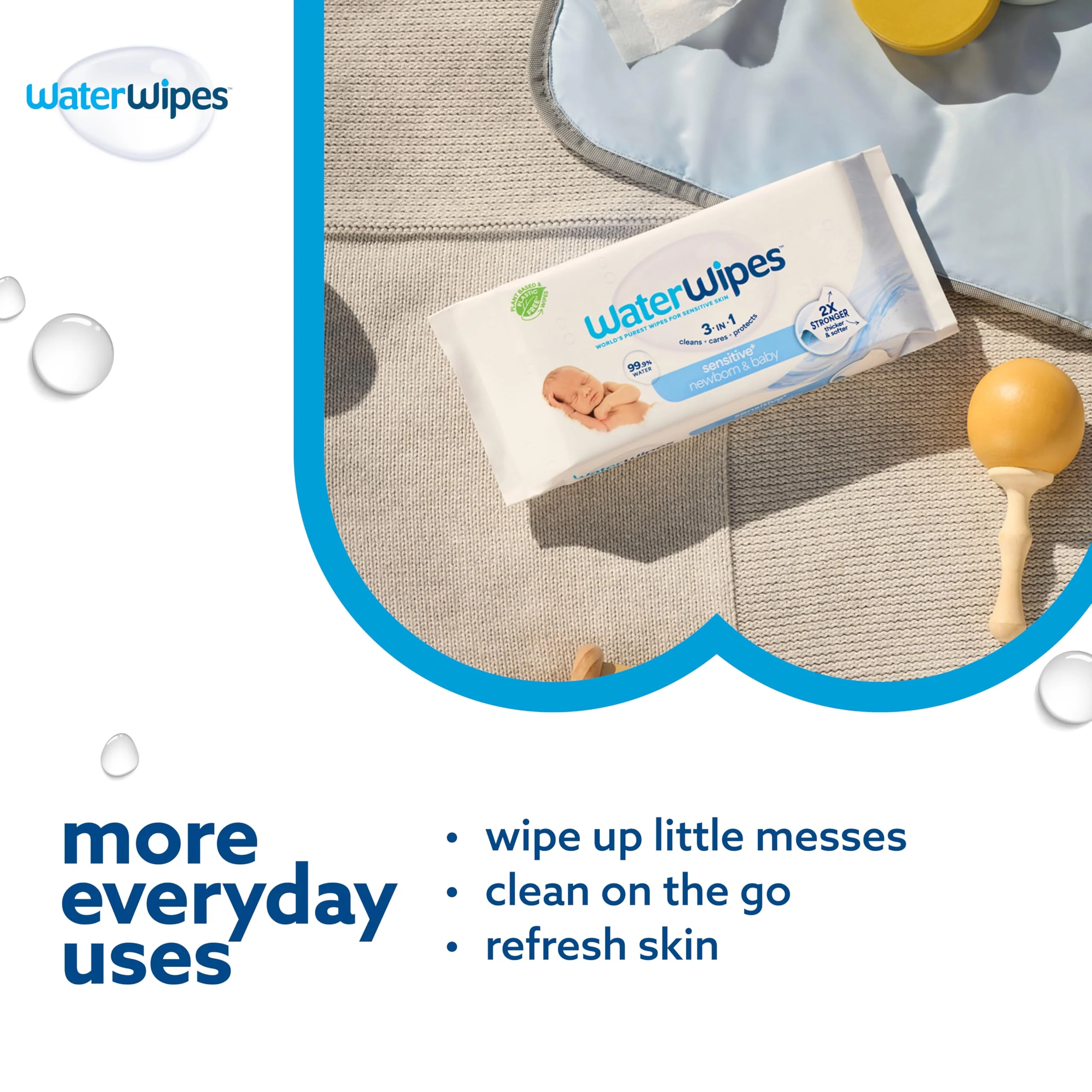 WaterWipes Sensitive+ Newborn & Baby Wipes, 3-In-1 Cleans, Cares, Protects, 99.9% Water, Unscented & Hypoallergenic, 540 Count (9 Packs) - Image 6