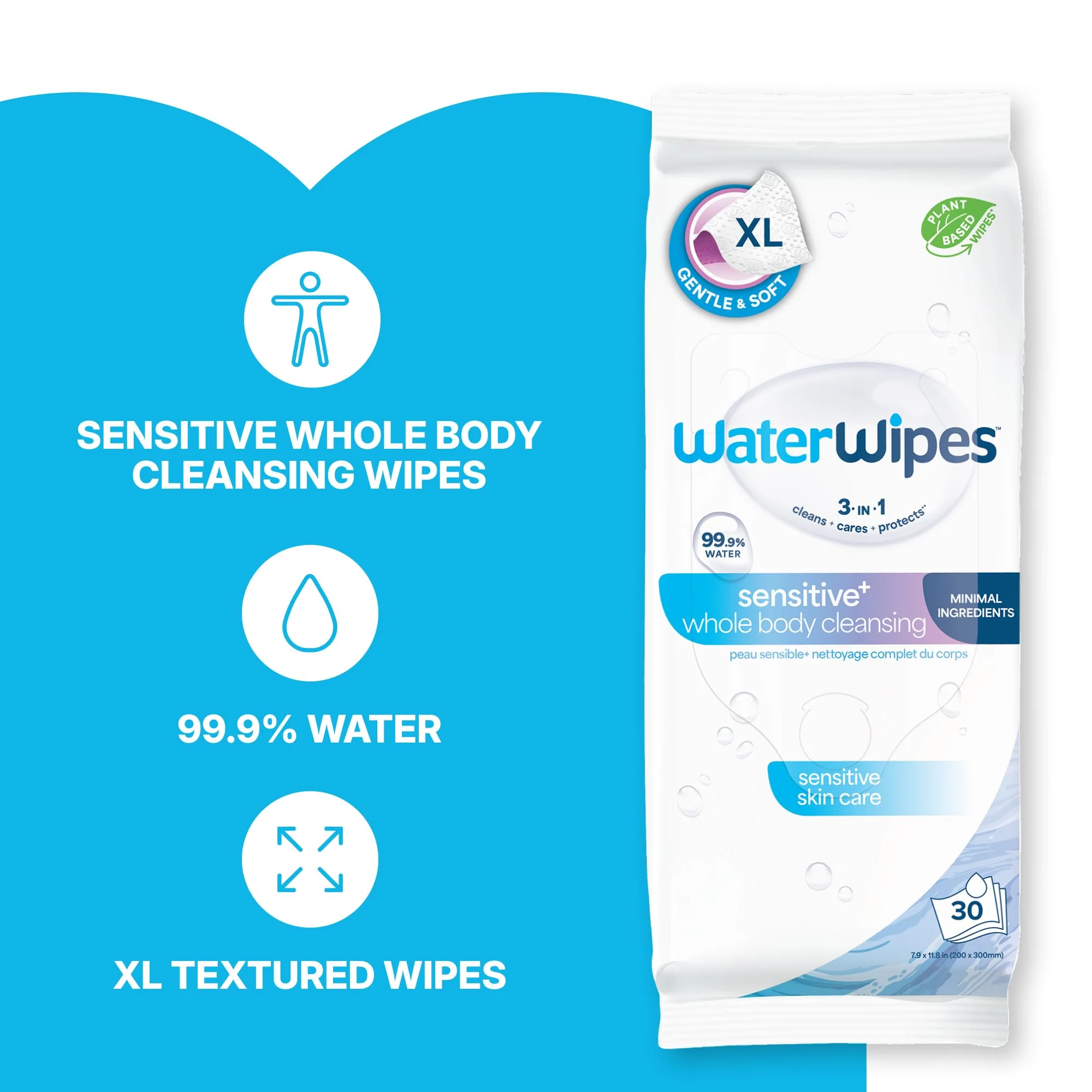 WaterWipes Sensitive Whole Body Cleansing Wipes, 99.9% Purified Water, XL Textured Wipes, Incontinence Care, Fragrance Free, 90 Count - Image 3