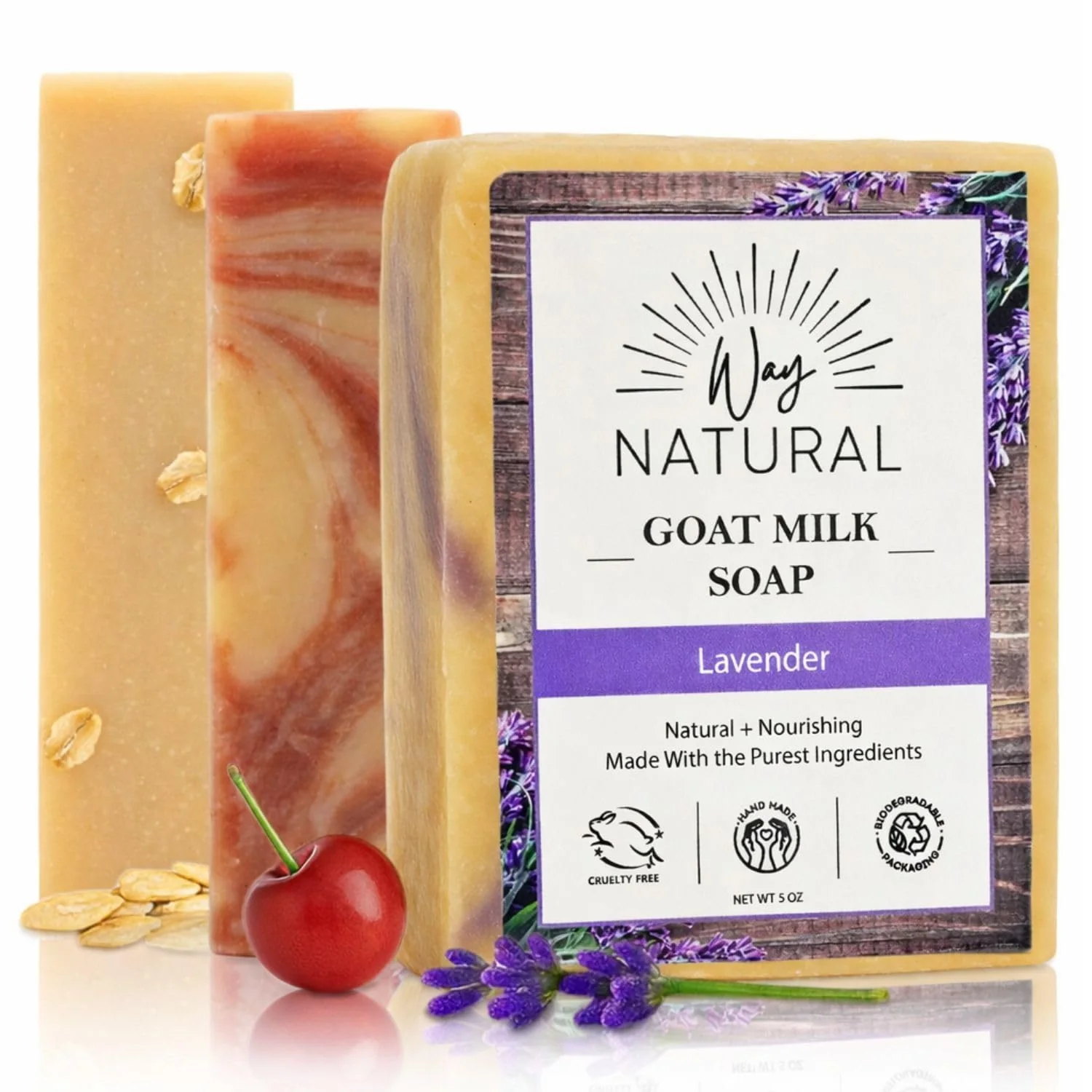 Way Natural Goat Milk Soap Bar Variety 3-Pack (5oz Bars) - Lavender, Cherry Almond, Honey Oatmeal - Cold Process, Natural Goat Soap for Hands & Body, Women & Men - Handmade, Gentle, No Dyes, USA Made