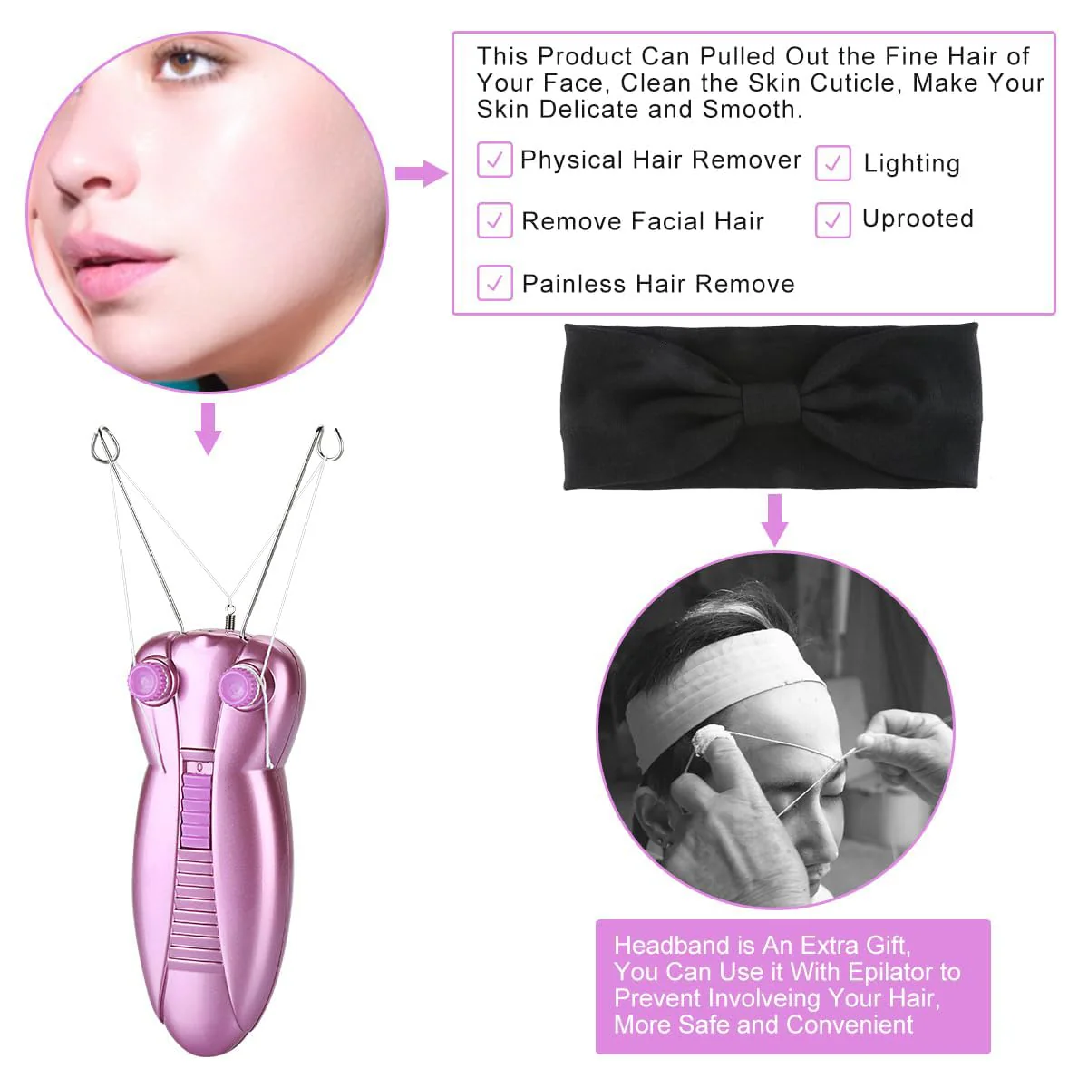 WAYCOM Ladies Facial Hair Remover Electric Women's Beauty Epilator Facial Threading Hair Removal Shaver Face Massager Pull Faces Delicate Device Depilation -Birthday Christmas Day Present(Purple) - Image 5