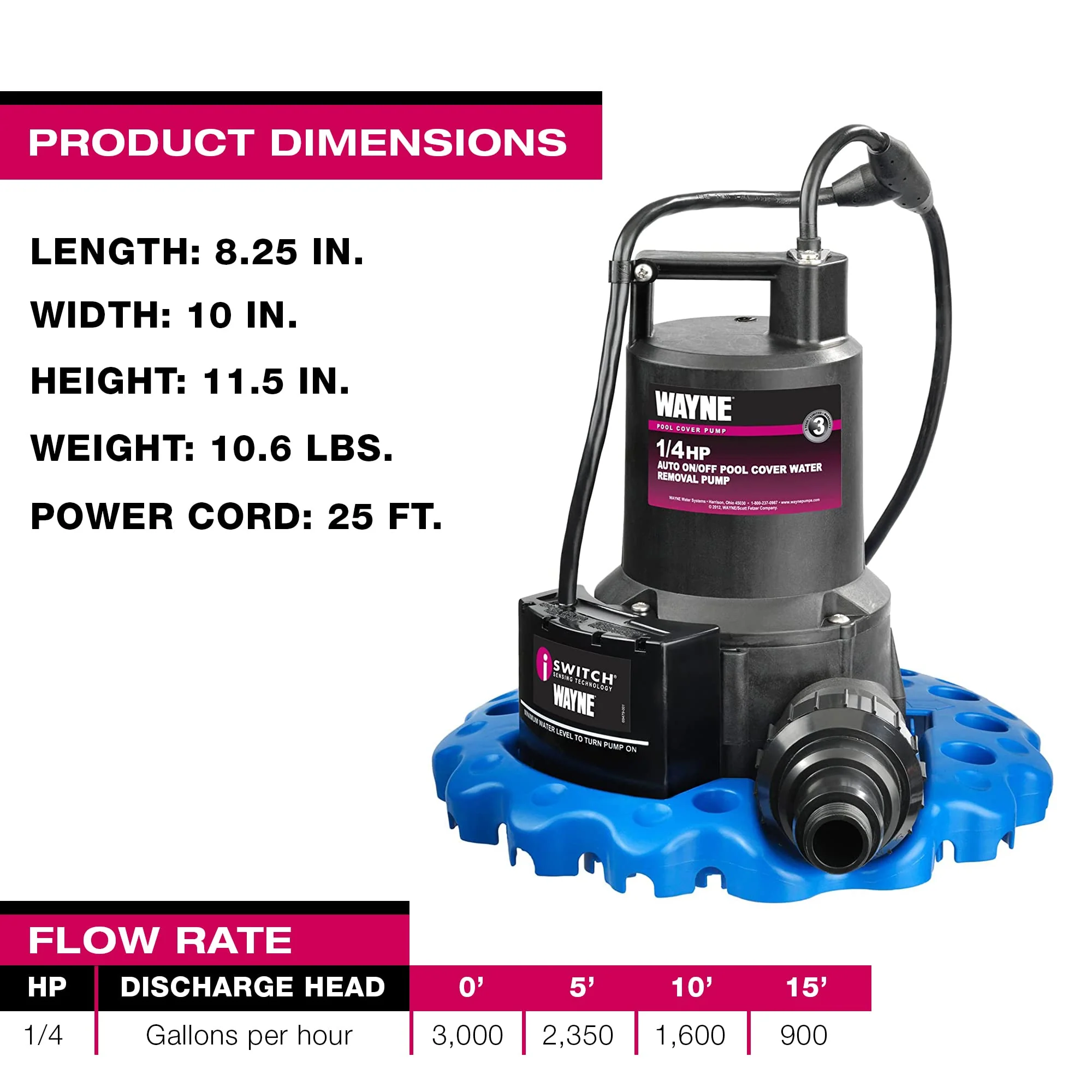 WAYNE WAPC250-1/4 HP Reinforced Thermoplastic Pool Cover Pump - Up to 3,000 Gallons Per Hour - Automatic On/Off Water Removal Pool Cover Pump - Image 10