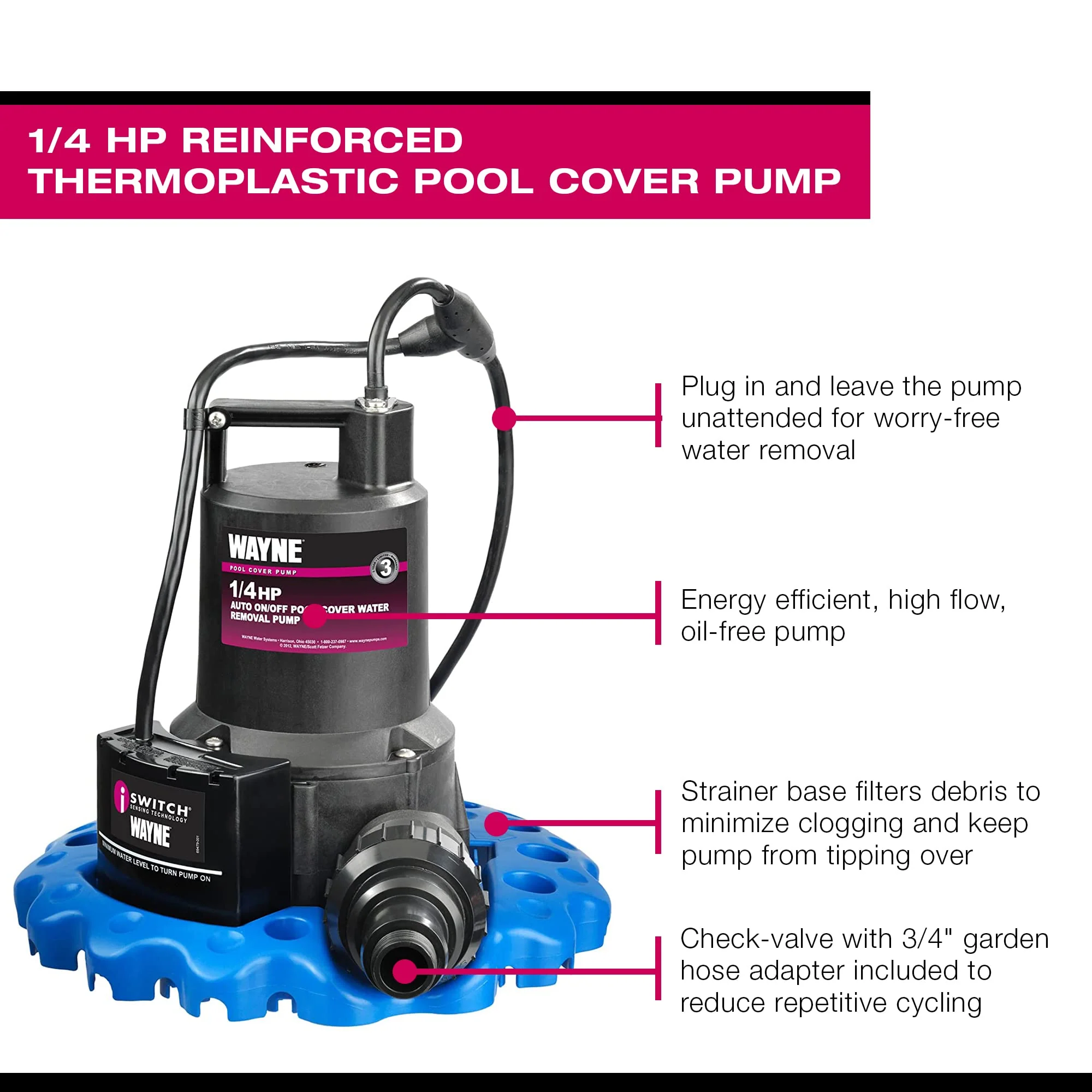 WAYNE WAPC250-1/4 HP Reinforced Thermoplastic Pool Cover Pump - Up to 3,000 Gallons Per Hour - Automatic On/Off Water Removal Pool Cover Pump - Image 8