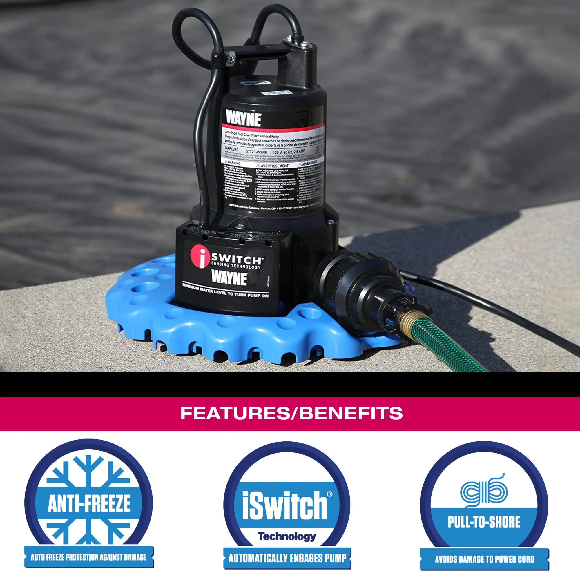 WAYNE WAPC250-1/4 HP Reinforced Thermoplastic Pool Cover Pump - Up to 3,000 Gallons Per Hour - Automatic On/Off Water Removal Pool Cover Pump - Image 9