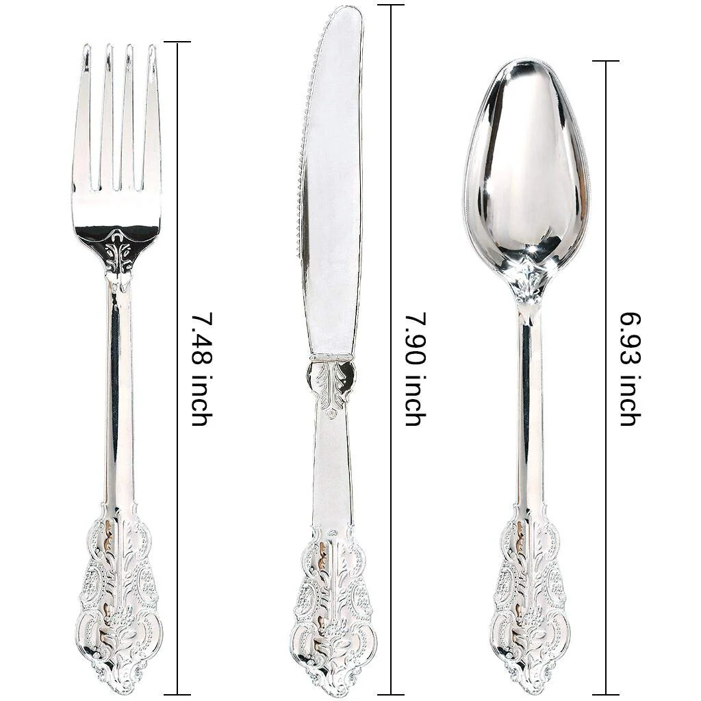 WDF 360 Pieces Silver Plastic Silverware- Disposable Flatware - Heavyweight Plastic Cutlery- Includes 120 Forks, 120 Spoons, 120 Knives for Christmas - Image 6