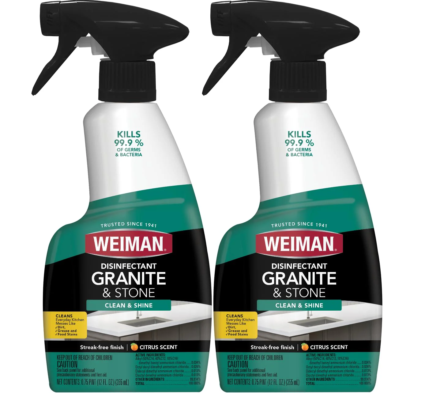 Weiman Disinfectant Granite Daily Clean & Shine - 12 fl oz (2 Pack) Safely Clean Disinfect and Shine Granite Marble Soapstone Quartz Quartzite Slate Limestone Corian Laminate Tile Countertop