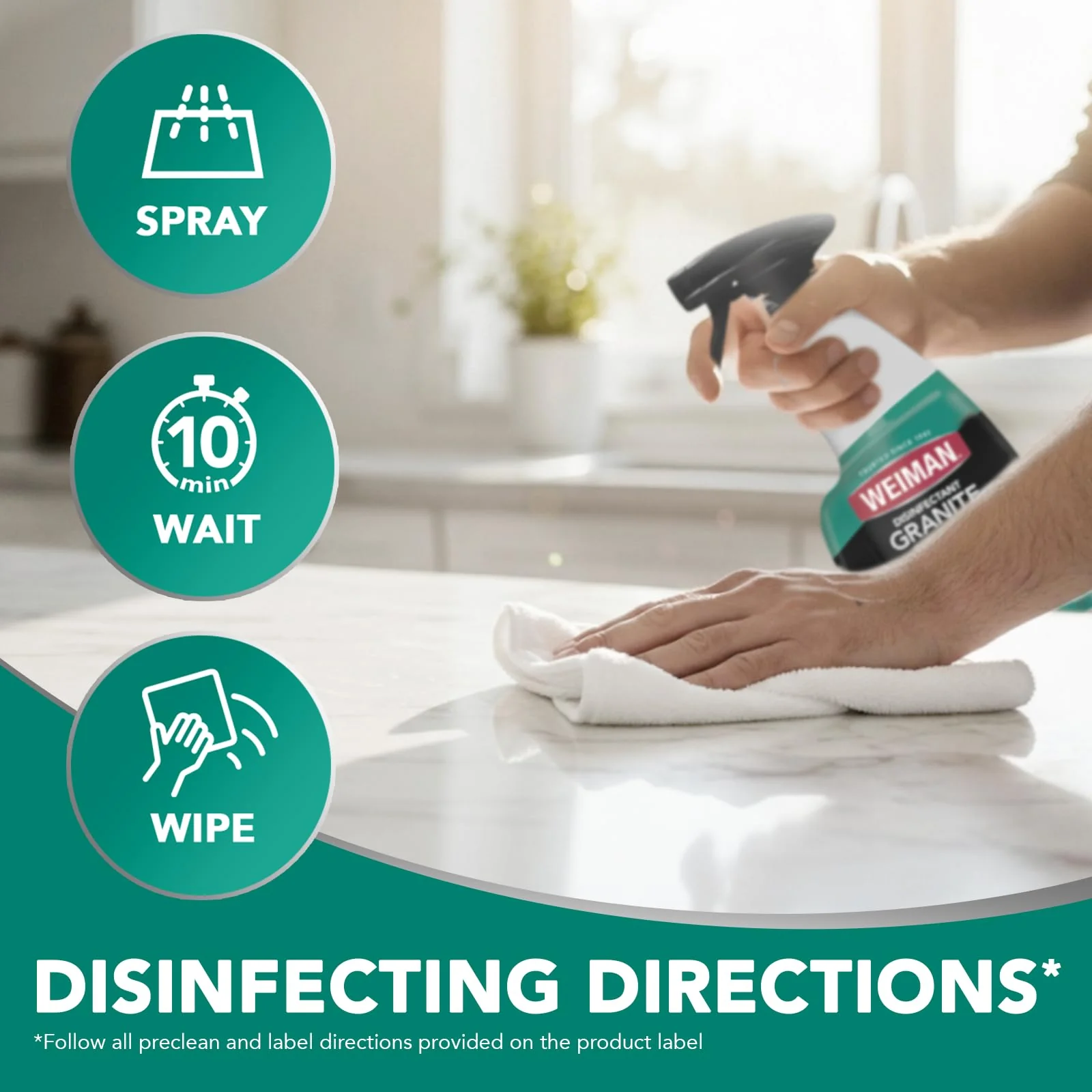 Weiman Disinfectant Granite Daily Clean & Shine (2 Pack with Polishing Cloth) Safely Clean Disinfect and Shine Granite Marble Soapstone Quartz Quartzite Slate Limestone Corian Laminate Tile Countertop - Image 2