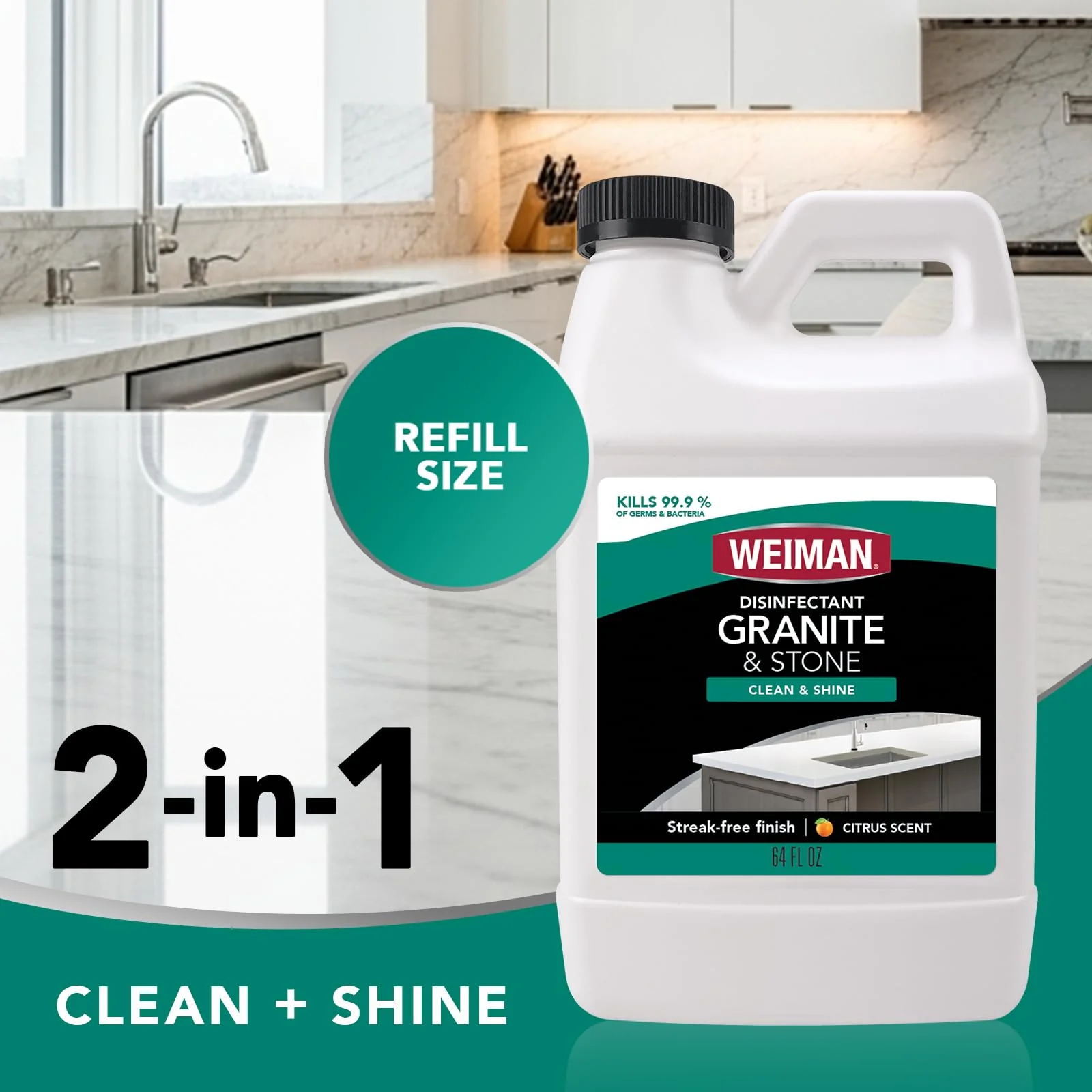 Weiman Disinfecting Granite Cleaner & Polish Value Pack - (1) 24 oz Spray Bottle, (1) 64 oz Refill - Image 8