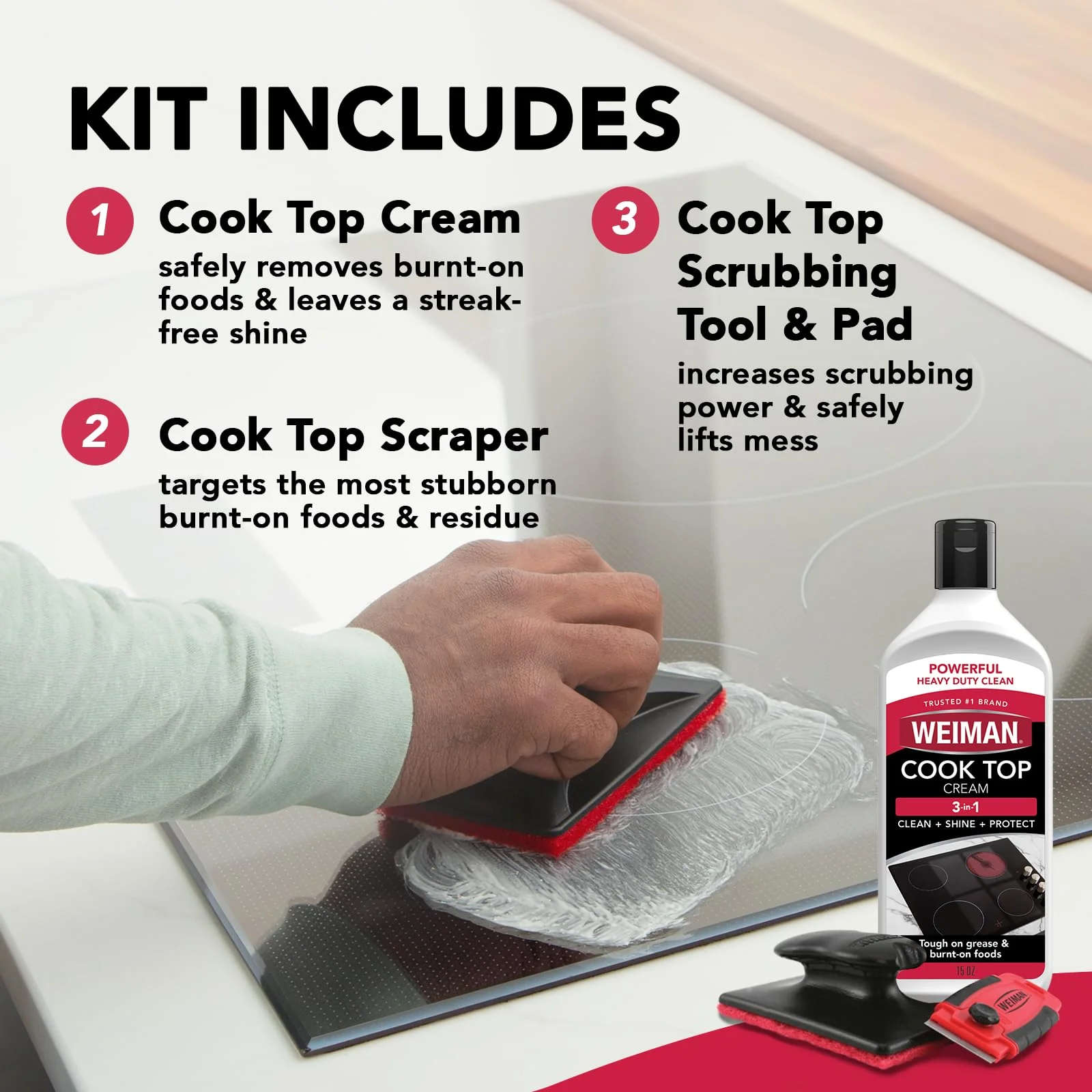 Weiman Glass & Ceramic Cooktop, Stove Top & Oven Cleaner Kit – Kitchen Cleaner Cream, 3 Scrubbing Pads & Scraper for Burnt-On Food & Grease, Clean Shine - Safe for Induction, Electric & Gas Cooktops - Image 7