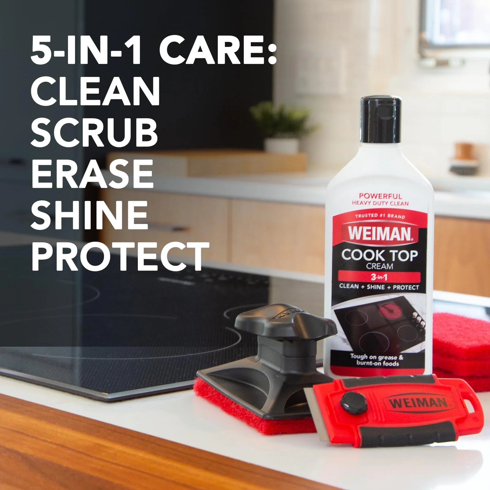 Weiman Glass & Ceramic Cooktop, Stove Top & Oven Cleaner Kit – Kitchen Cleaner Cream, 3 Scrubbing Pads & Scraper for Burnt-On Food & Grease, Clean Shine - Safe for Induction, Electric & Gas Cooktops - Image 8