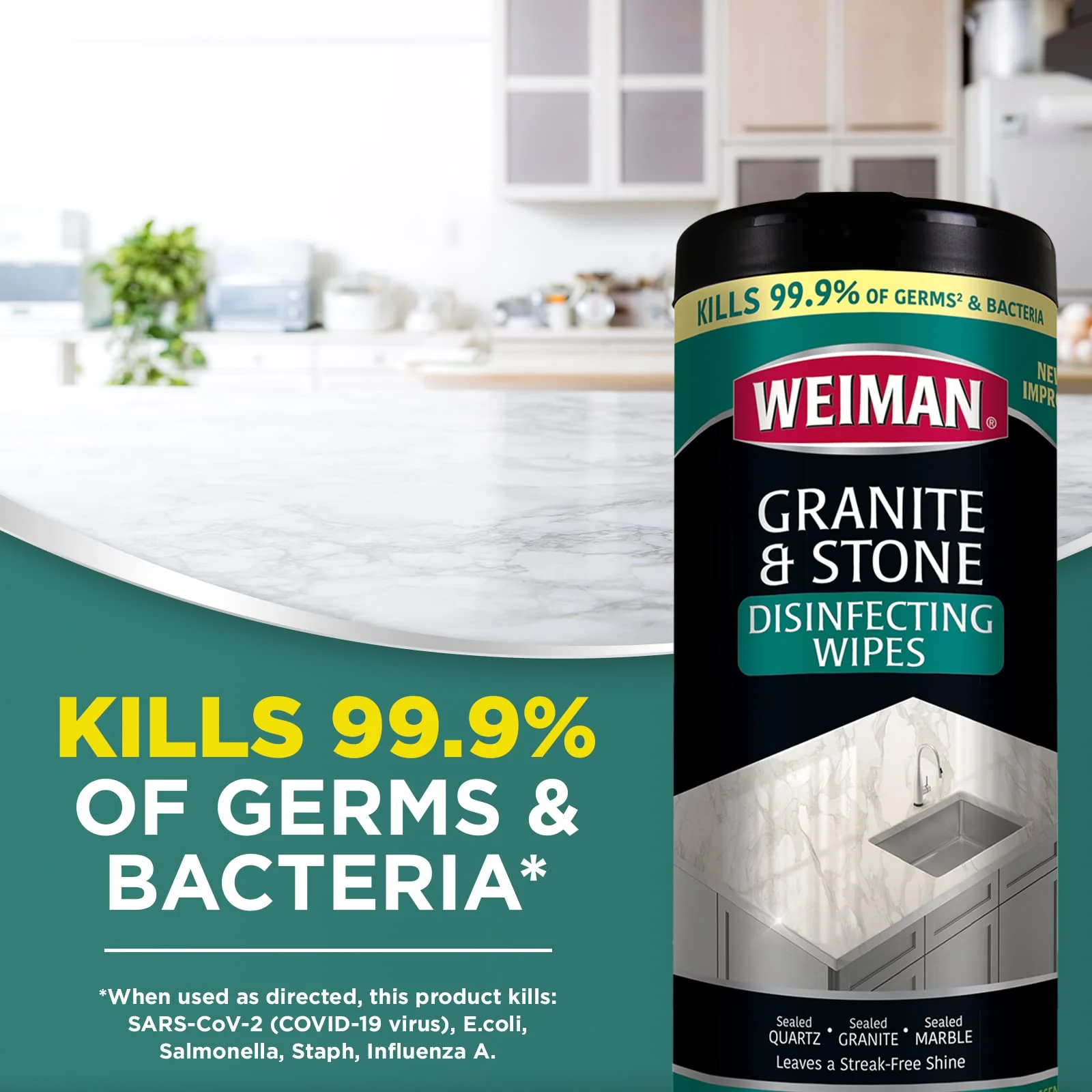 Weiman Granite Cleaner and Polish - 30 Wipes - For Granite Marble Soapstone Quartz Quartzite Slate Limestone Corian Laminate Tile Countertop and More (Pack of 1), Package May Vary - Image 3
