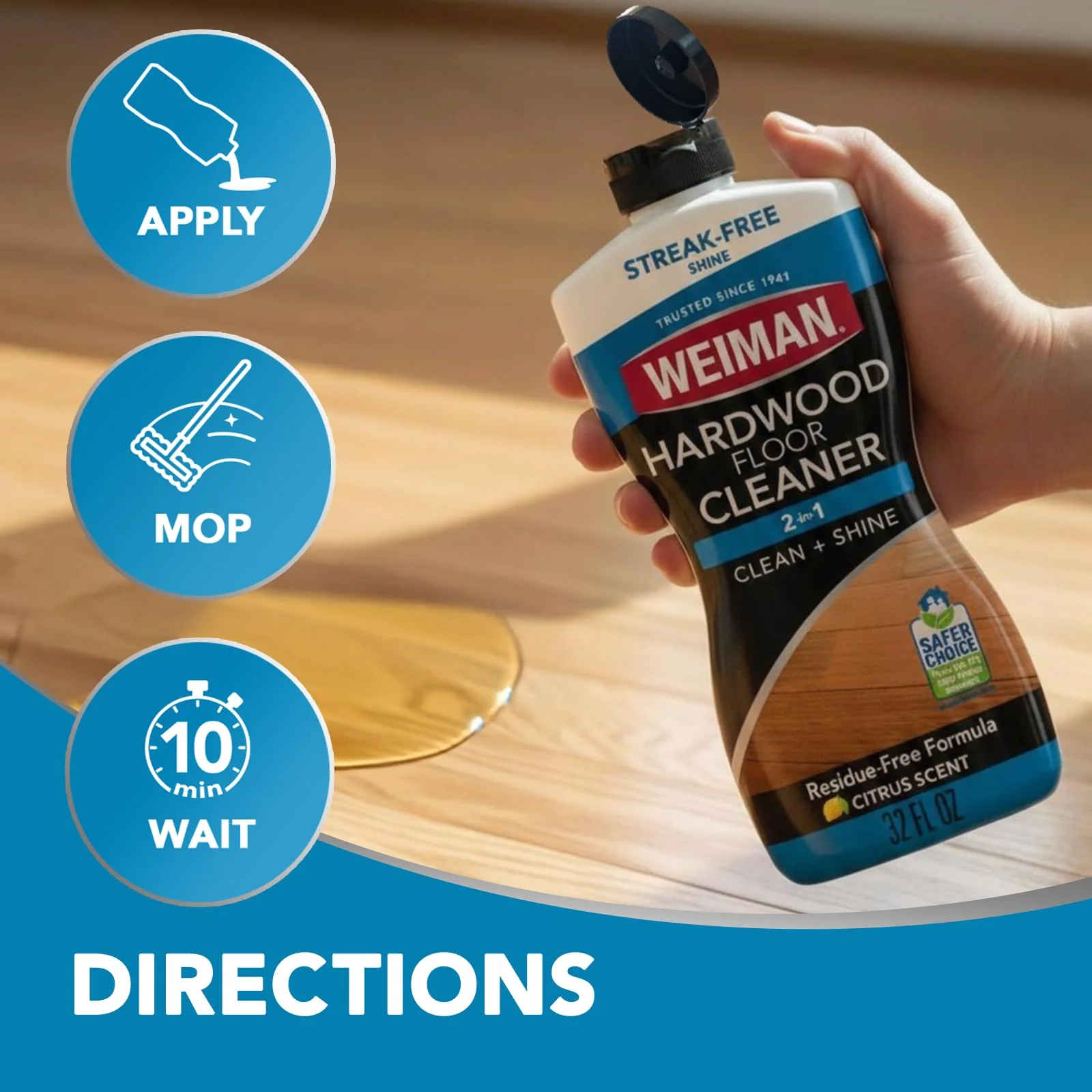 Weiman Hardwood Floor Cleaner for Finished Hardwood, Engineered Flooring, Vinyl & Laminate Surfaces - Streak-Free Shine, No Residue - 32 oz (2 PACK) - Image 3
