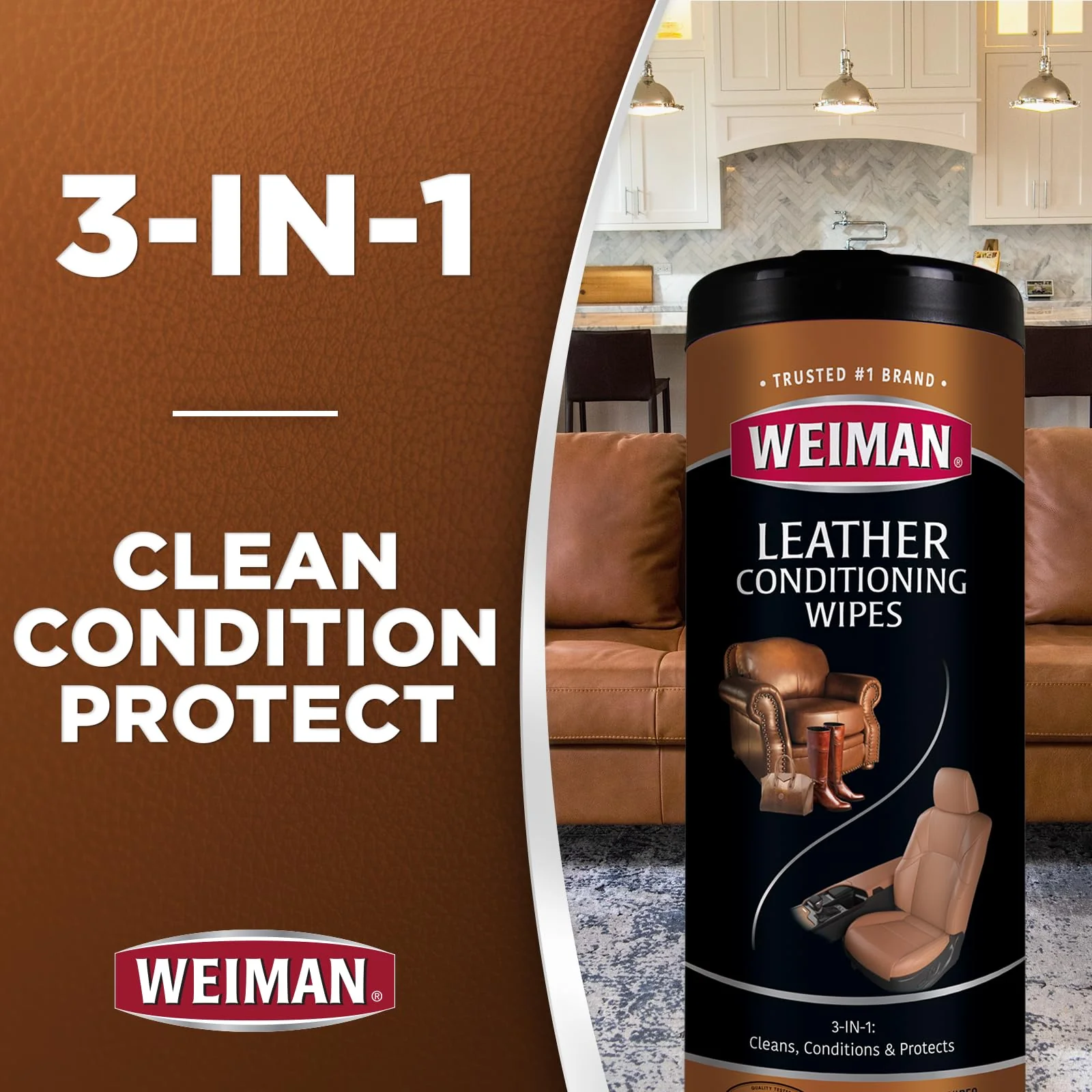 Weiman Leather Cleaner Wipes - Clean Condition UV Protection Help Prevent Cracking or Fading of Furniture, Car Interior, Couch, and Shoes, 2 Pack with Microfiber Cloth - Image 9