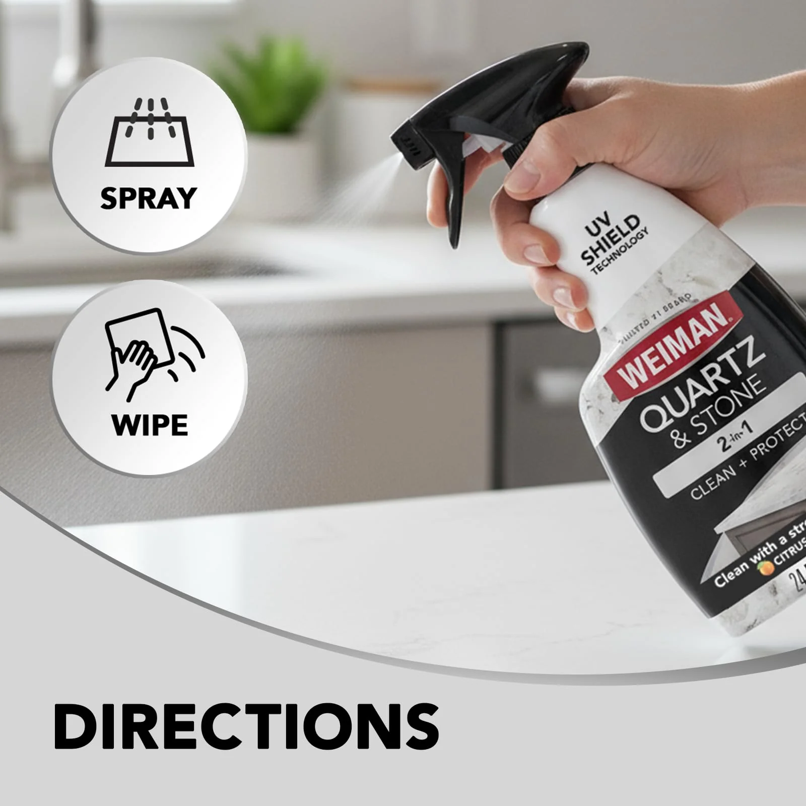Weiman Quartz Countertop Cleaner and Polish - Clean and Shine Your Granite, Marble Countertops, Kitchen Island, and Stone Surfaces with UV Anti-Fade Protection, Citrus, 24 Ounce with Microfiber Cloth - Image 3
