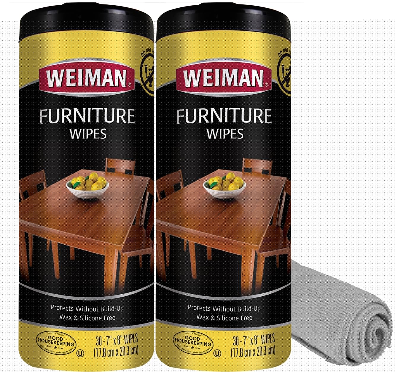Weiman Wood Polish and Cleaning Wipes, For Furniture Cleaner, Protect from Watermarks, Stains & Aging, No Build-Up, UVX-15 Prevent Drying, Fading & Discoloration, 2 Pack with Microfiber Cloth