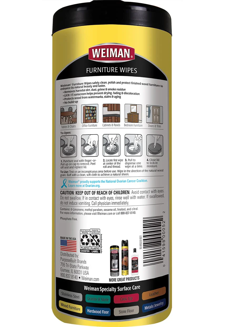Weiman Wood Polish and Cleaning Wipes, For Furniture Cleaner, Protect from Watermarks, Stains & Aging, No Build-Up, UVX-15 Prevent Drying, Fading & Discoloration, 2 Pack with Microfiber Cloth - Image 7