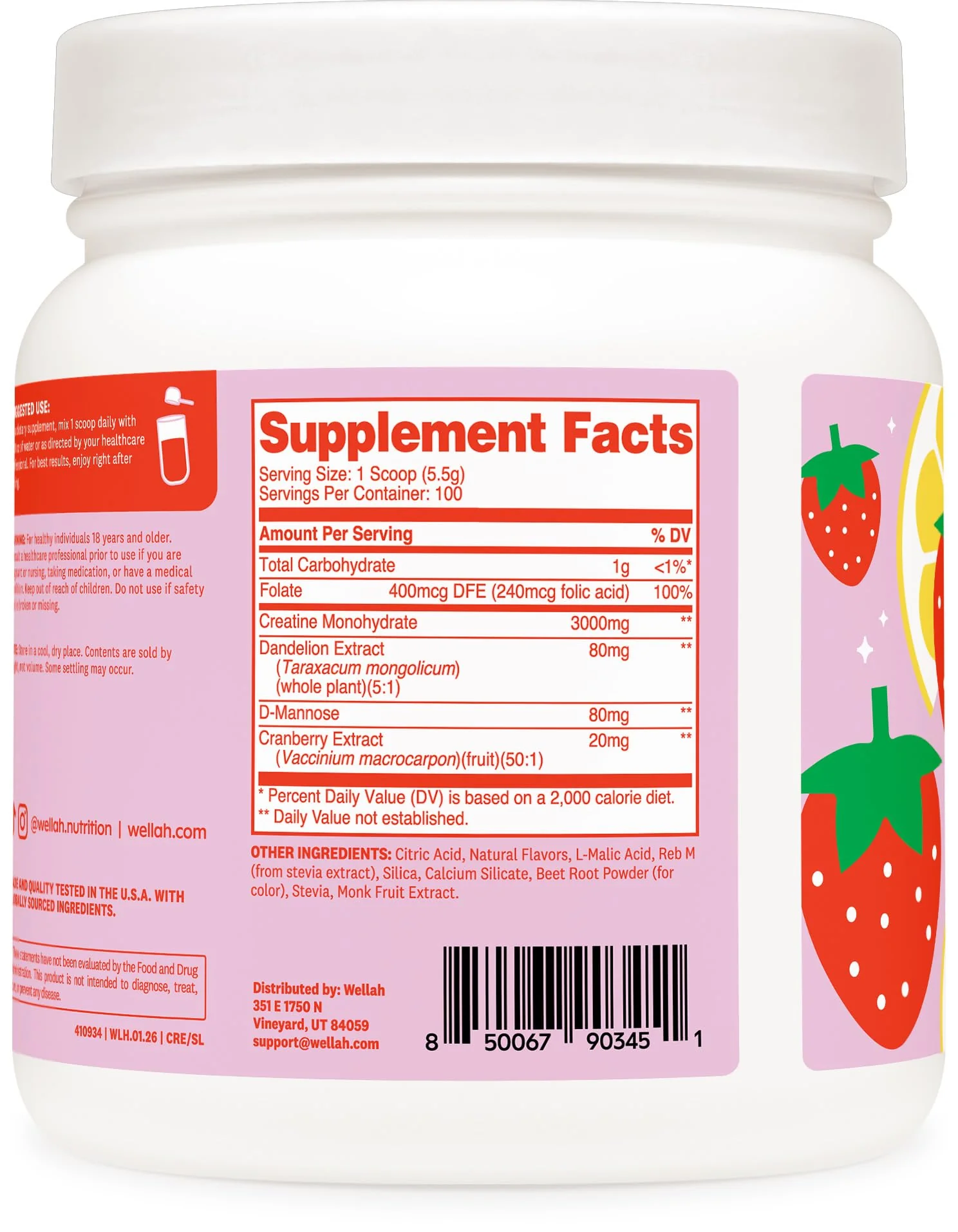 Wellah Creatine for Women - Creatine Monohydrate with Dandelion & Cranberry Extract (100 Servings, Strawberry Lemonade) - Image 4