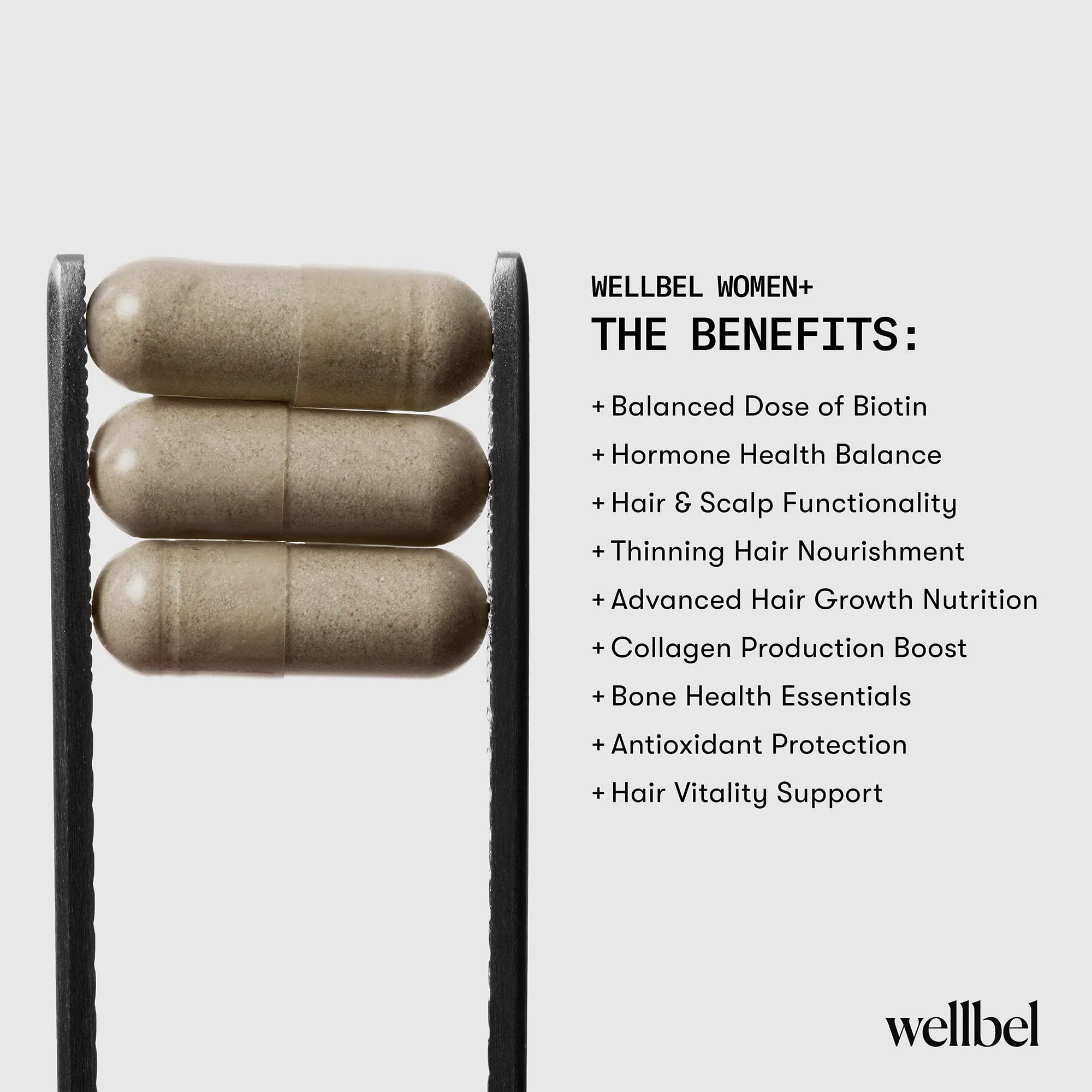 WELLBEL Women + Clean Supplement for Hair, Skin, and Nails, Vegan, Gluten Free, Non GMO 90 Count - Image 3