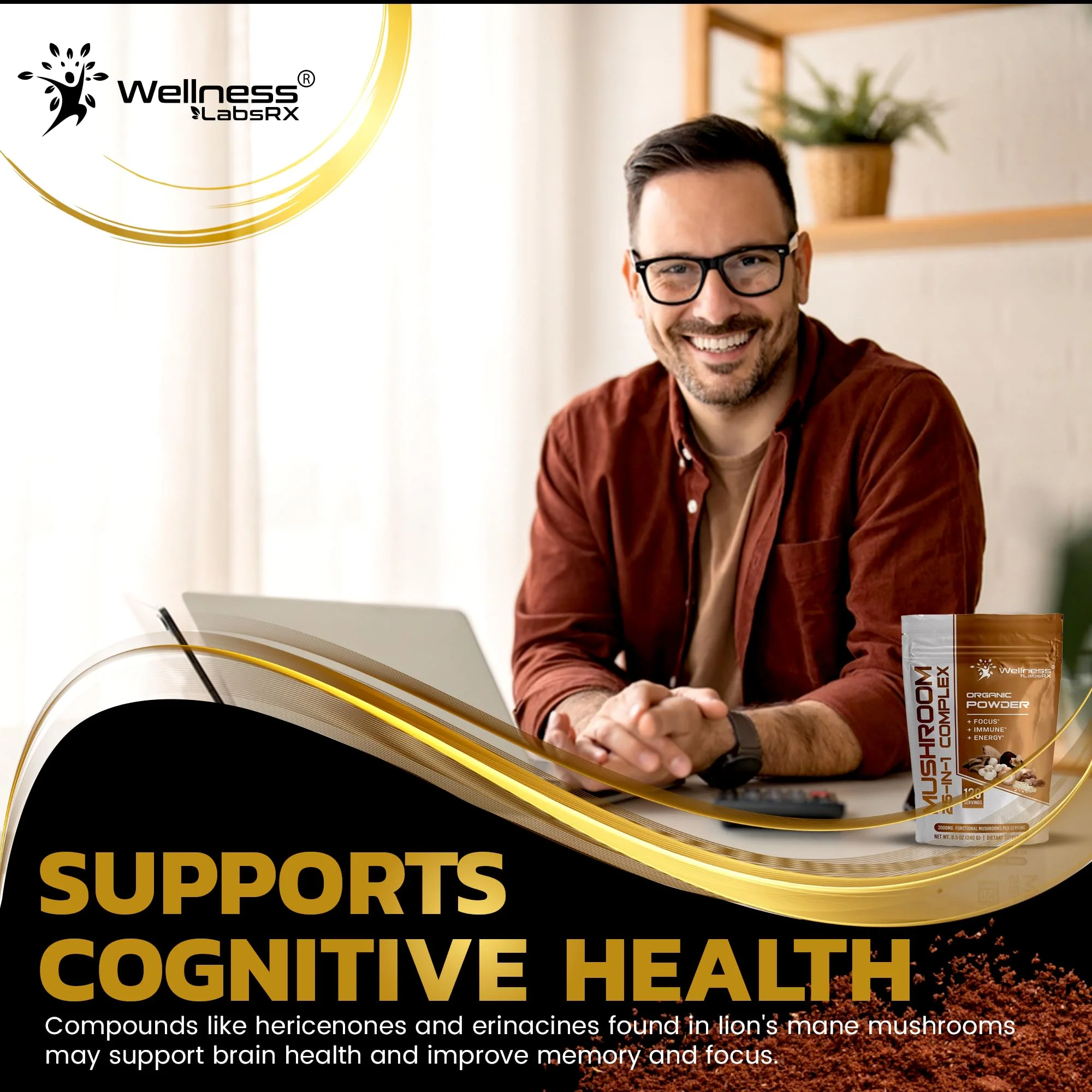 WELLNESS LABSRX Mushroom Powder, 25 in 1 Mushrooms Supplement - 2000mg, 25 Superfood Mishroom Lions Mane Powder with Chaga, Shiitake, Cordyceps, Reishi - Lion's Mane Mushroom - 120 Servings - Image 2