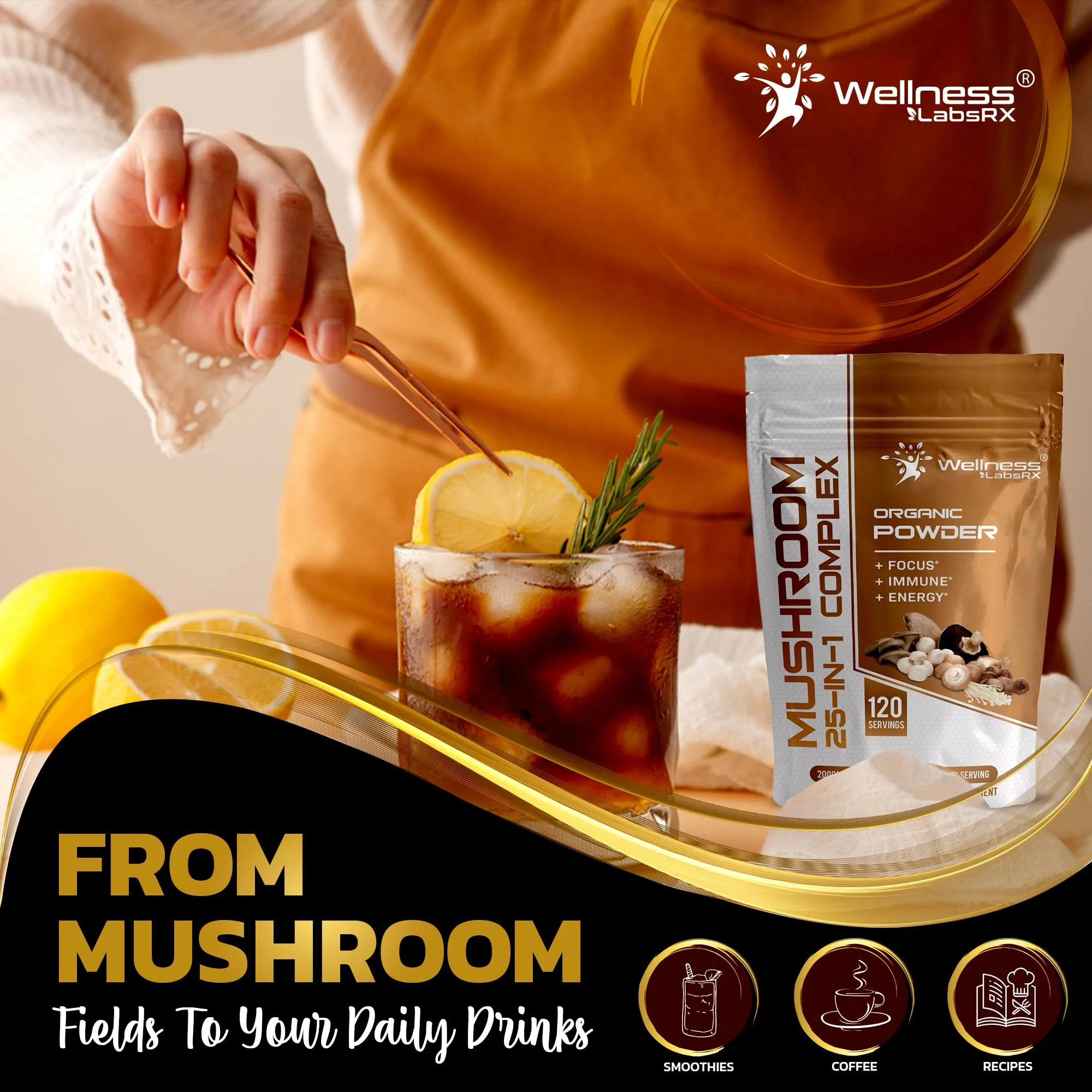 WELLNESS LABSRX Mushroom Powder, 25 in 1 Mushrooms Supplement - 2000mg, 25 Superfood Mishroom Lions Mane Powder with Chaga, Shiitake, Cordyceps, Reishi - Lion's Mane Mushroom - 120 Servings - Image 3
