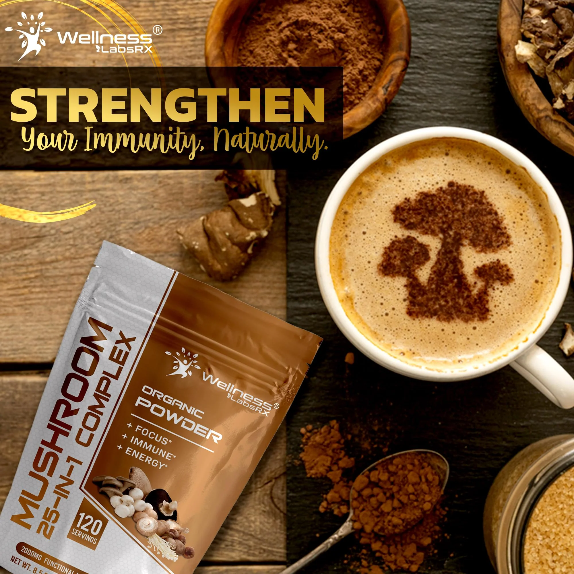 WELLNESS LABSRX Mushroom Powder, 25 in 1 Mushrooms Supplement - 2000mg, 25 Superfood Mishroom Lions Mane Powder with Chaga, Shiitake, Cordyceps, Reishi - Lion's Mane Mushroom - 120 Servings - Image 5