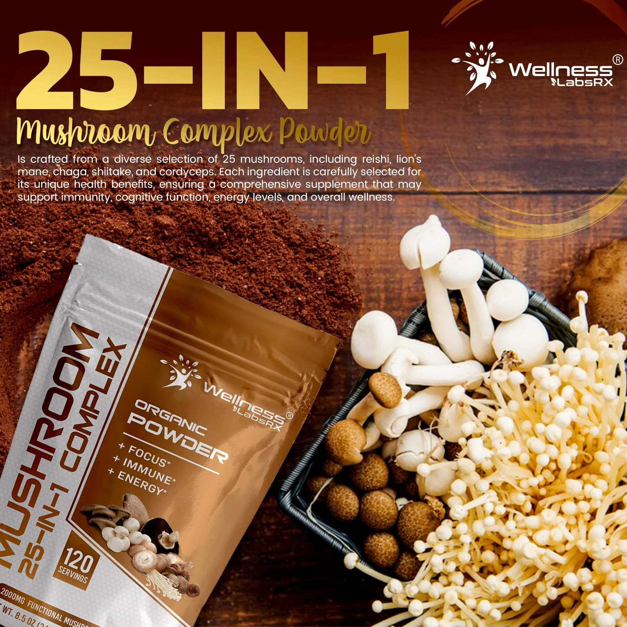 WELLNESS LABSRX Mushroom Powder, 25 in 1 Mushrooms Supplement - 2000mg, 25 Superfood Mishroom Lions Mane Powder with Chaga, Shiitake, Cordyceps, Reishi - Lion's Mane Mushroom - 120 Servings - Image 6
