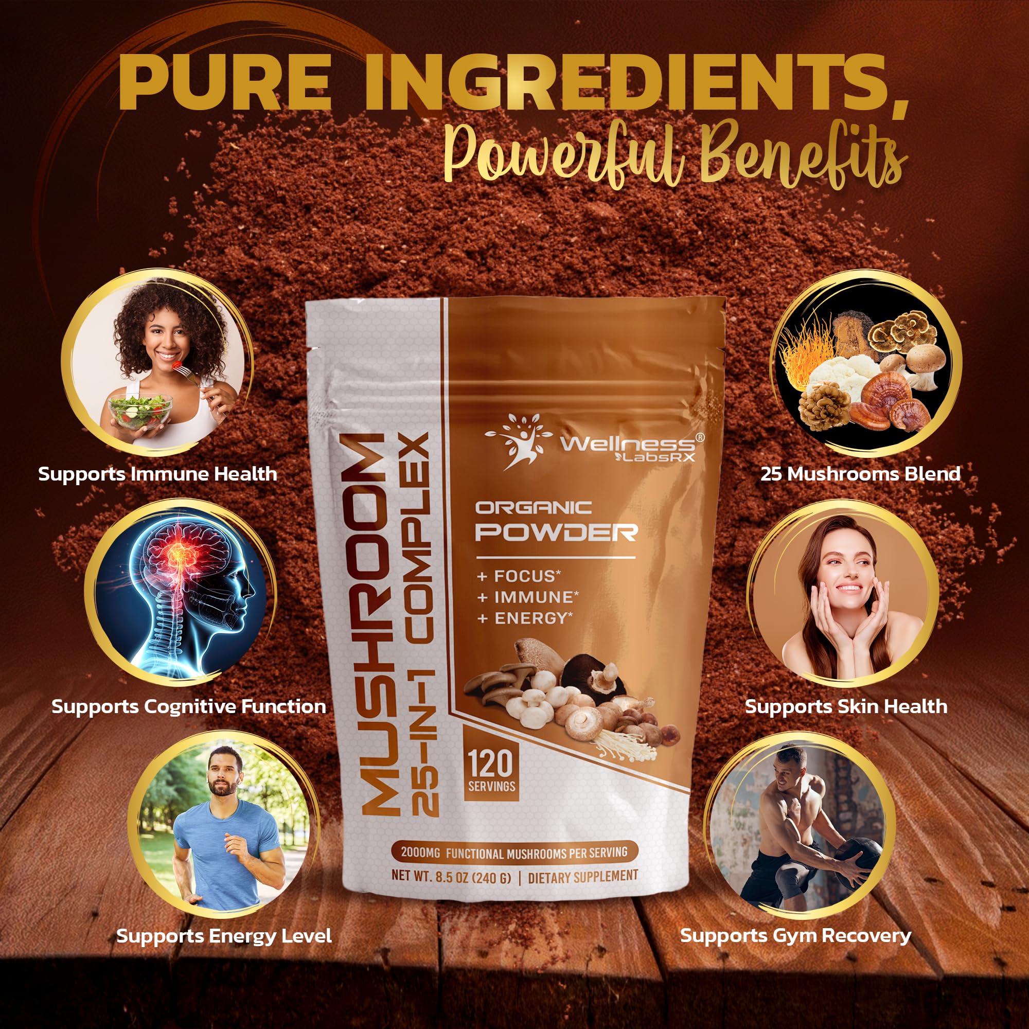 WELLNESS LABSRX Mushroom Powder, 25 in 1 Mushrooms Supplement - 2000mg, 25 Superfood Mishroom Lions Mane Powder with Chaga, Shiitake, Cordyceps, Reishi - Lion's Mane Mushroom - 120 Servings - Image 7