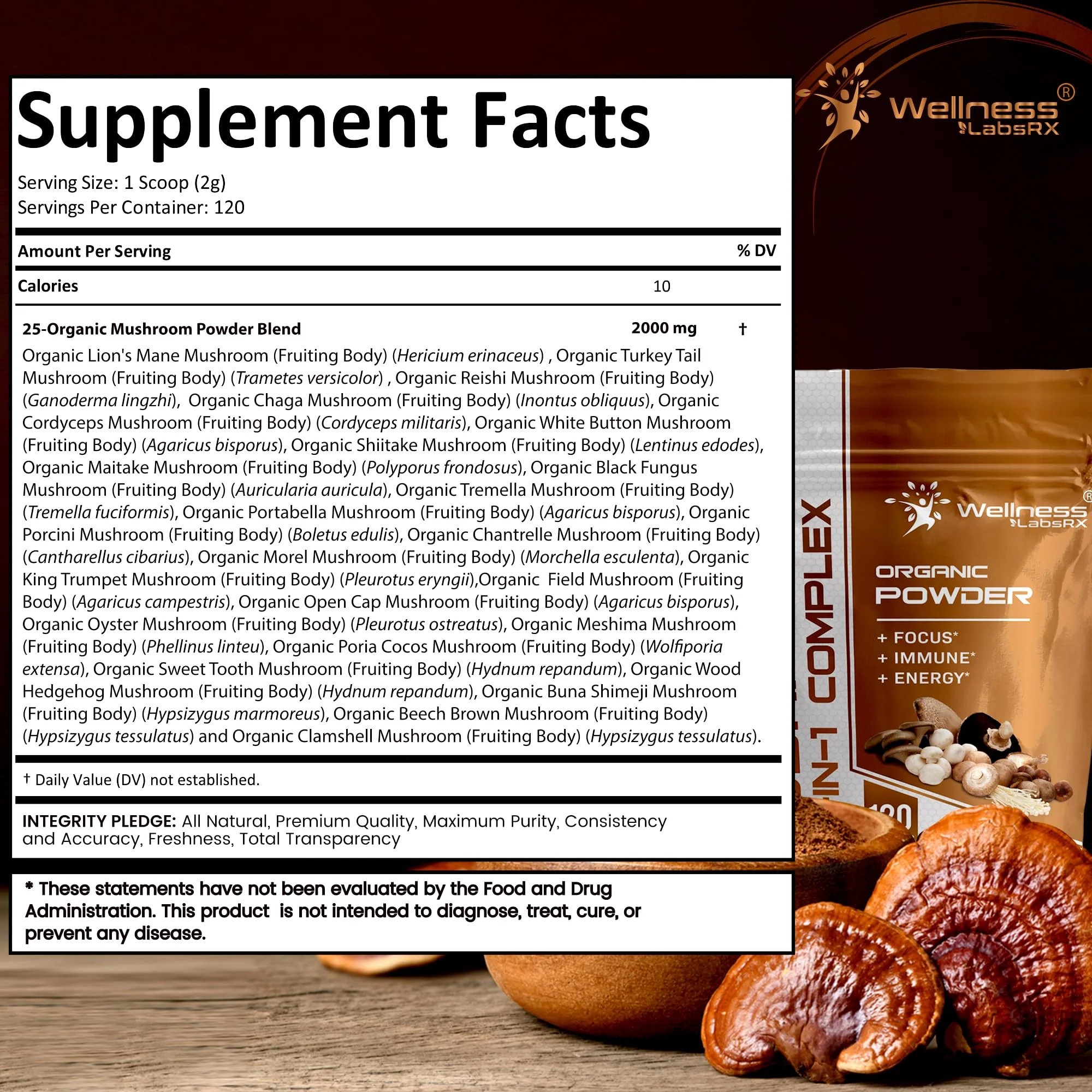 WELLNESS LABSRX Mushroom Powder, 25 in 1 Mushrooms Supplement - 2000mg, 25 Superfood Mishroom Lions Mane Powder with Chaga, Shiitake, Cordyceps, Reishi - Lion's Mane Mushroom - 120 Servings - Image 8