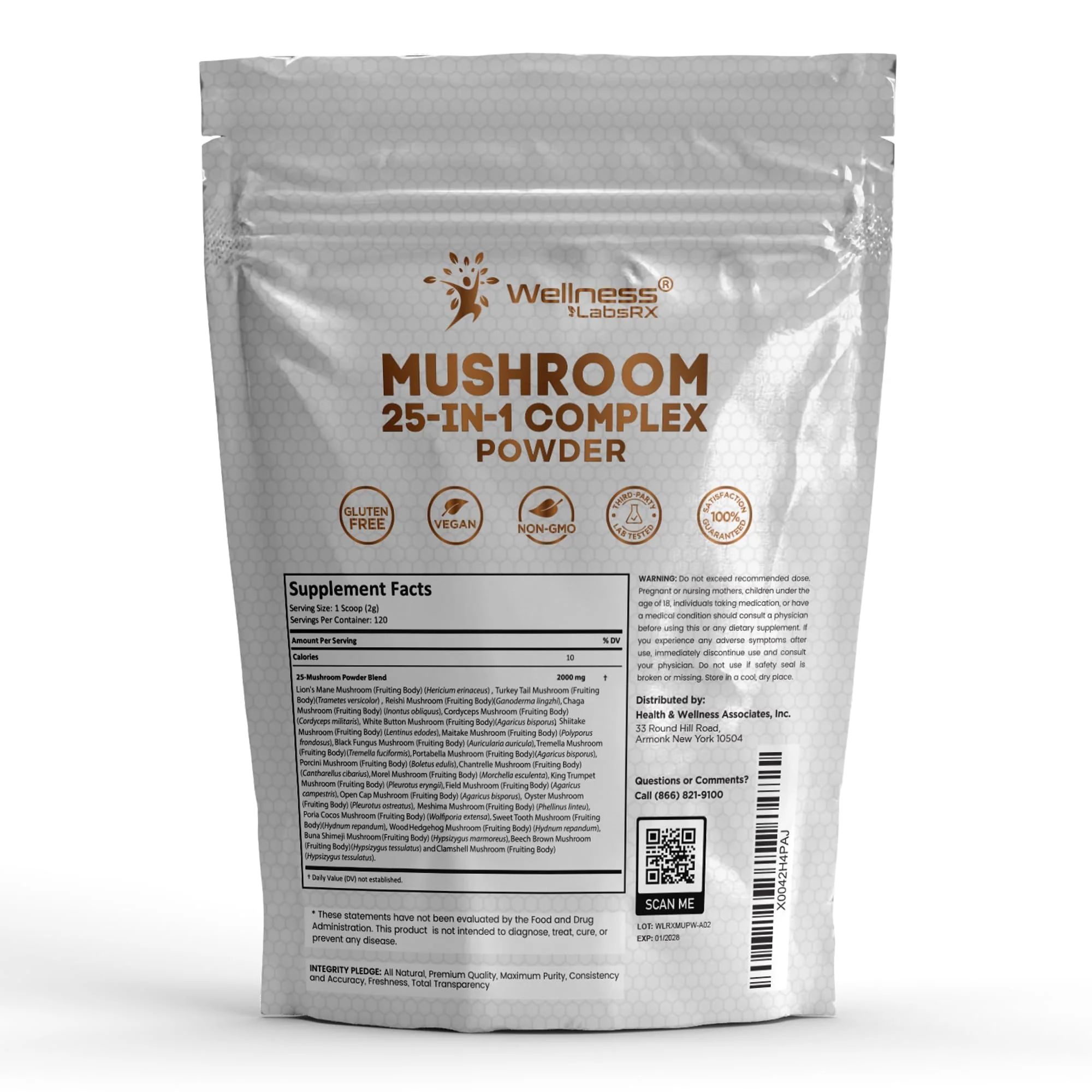 WELLNESS LABSRX Mushroom Powder, 25 in 1 Mushrooms Supplement - 2000mg, 25 Superfood Mishroom Lions Mane Powder with Chaga, Shiitake, Cordyceps, Reishi - Lion's Mane Mushroom - 120 Servings - Image 9