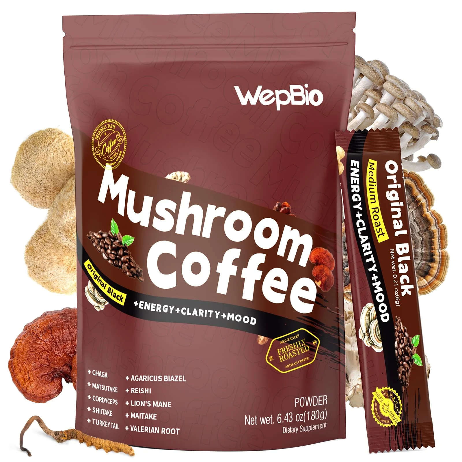 WepBio Mushroom Coffee Original Black 11 in 1 Adaptogenic Mushrooms Blend with Ashwagandha KSM-66,Lions Mane,Reishi,Turkey Tail Instant Mushroom Coffee for Boost Energy, Focus 30 Servings