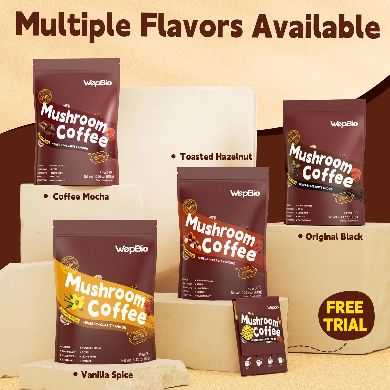 WepBio Mushroom Coffee Original Black 11 in 1 Adaptogenic Mushrooms Blend with Ashwagandha KSM-66,Lions Mane,Reishi,Turkey Tail Instant Mushroom Coffee for Boost Energy, Focus 30 Servings - Image 3