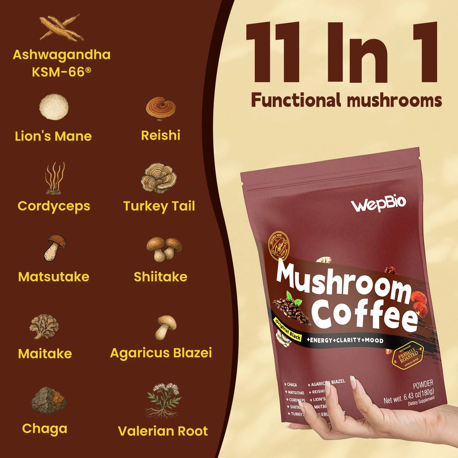 WepBio Mushroom Coffee Original Black 11 in 1 Adaptogenic Mushrooms Blend with Ashwagandha KSM-66,Lions Mane,Reishi,Turkey Tail Instant Mushroom Coffee for Boost Energy, Focus 30 Servings - Image 5