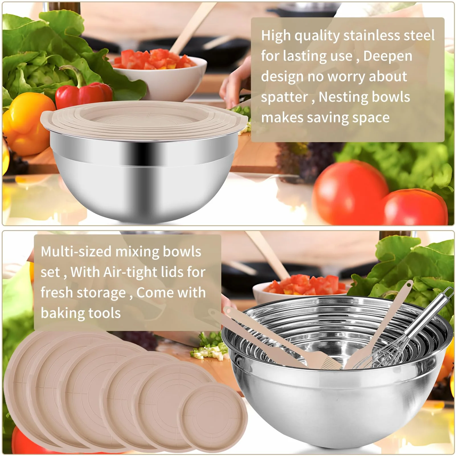 WEPSEN Mixing Bowls Set, 27PCS Khaki Mixing Bowls With Lids Set Stainless Steel Kitchen Large Nesting Metal Bowl 7QT to 1.5QT, Measuring Cups and Spoons for Prepping Cooking Serving - Image 3