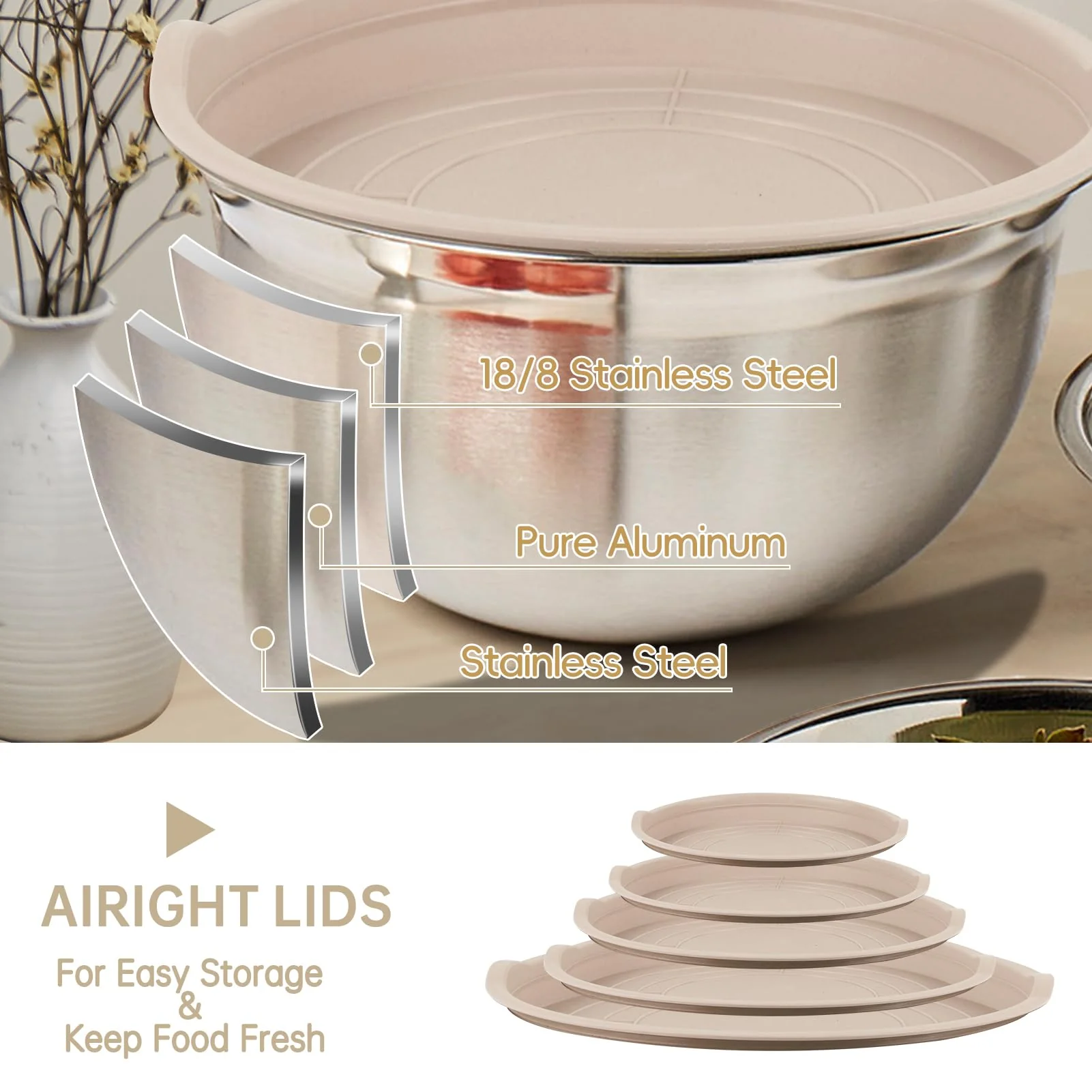 WEPSEN Mixing Bowls Set, 27PCS Khaki Mixing Bowls With Lids Set Stainless Steel Kitchen Large Nesting Metal Bowl 7QT to 1.5QT, Measuring Cups and Spoons for Prepping Cooking Serving - Image 4