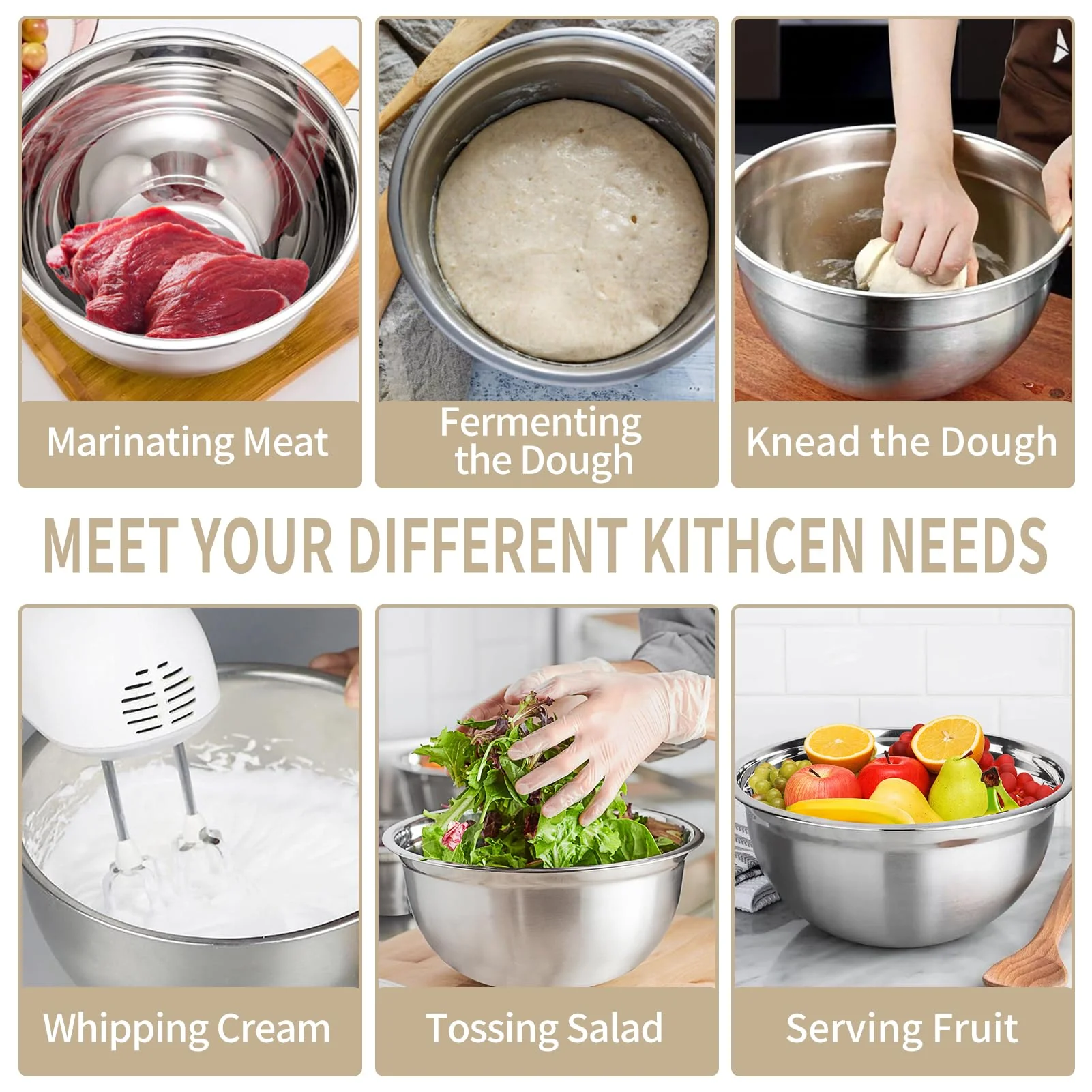 WEPSEN Mixing Bowls Set, 27PCS Khaki Mixing Bowls With Lids Set Stainless Steel Kitchen Large Nesting Metal Bowl 7QT to 1.5QT, Measuring Cups and Spoons for Prepping Cooking Serving - Image 6