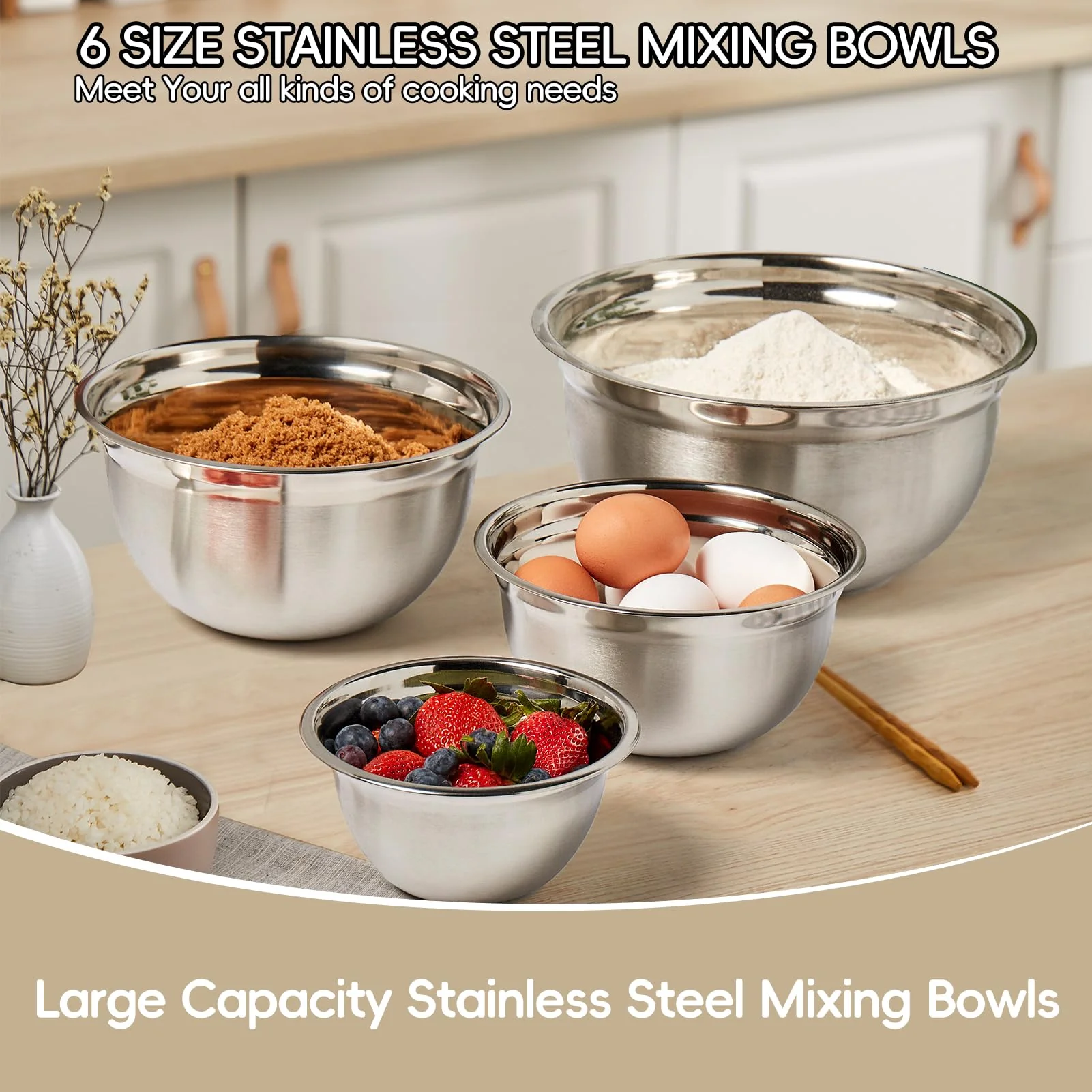 WEPSEN Mixing Bowls Set, 27PCS Khaki Mixing Bowls With Lids Set Stainless Steel Kitchen Large Nesting Metal Bowl 7QT to 1.5QT, Measuring Cups and Spoons for Prepping Cooking Serving - Image 7