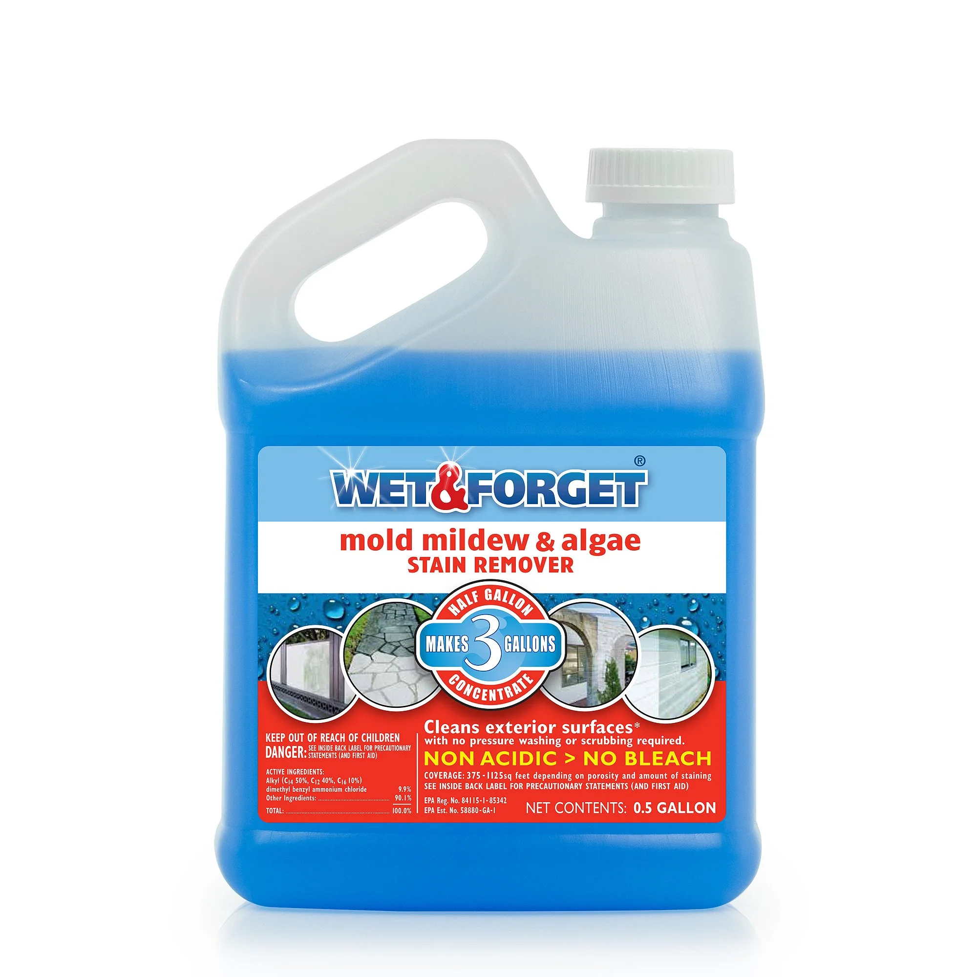 Wet & Forget No Scrub Outdoor Cleaner for Easy Removal of Mold, Mildew and Algae Stains, Bleach-Free Formula, 0.5 Gallon Concentrate - Ships to California Only, 64 Fluid Ounces