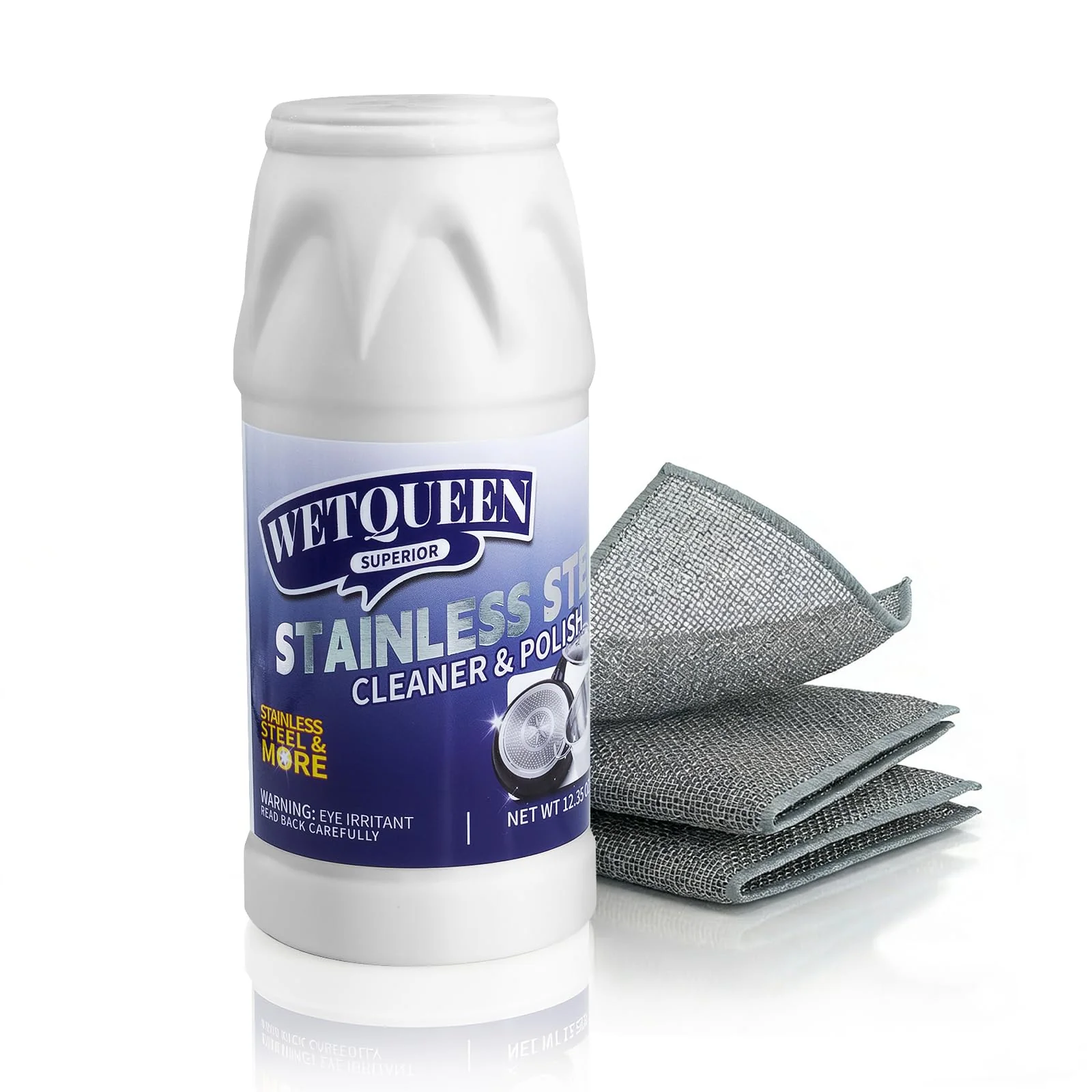 WETQUEEN Stainless Steel Cleaner and Polish Kit - Heavy Duty Cookware Cleanser Powder with 3 Pads - Removes Burnt Stains, Rust, Water Spots & Grease from Pots, Pans, Sinks & Appliances (12.35 oz)