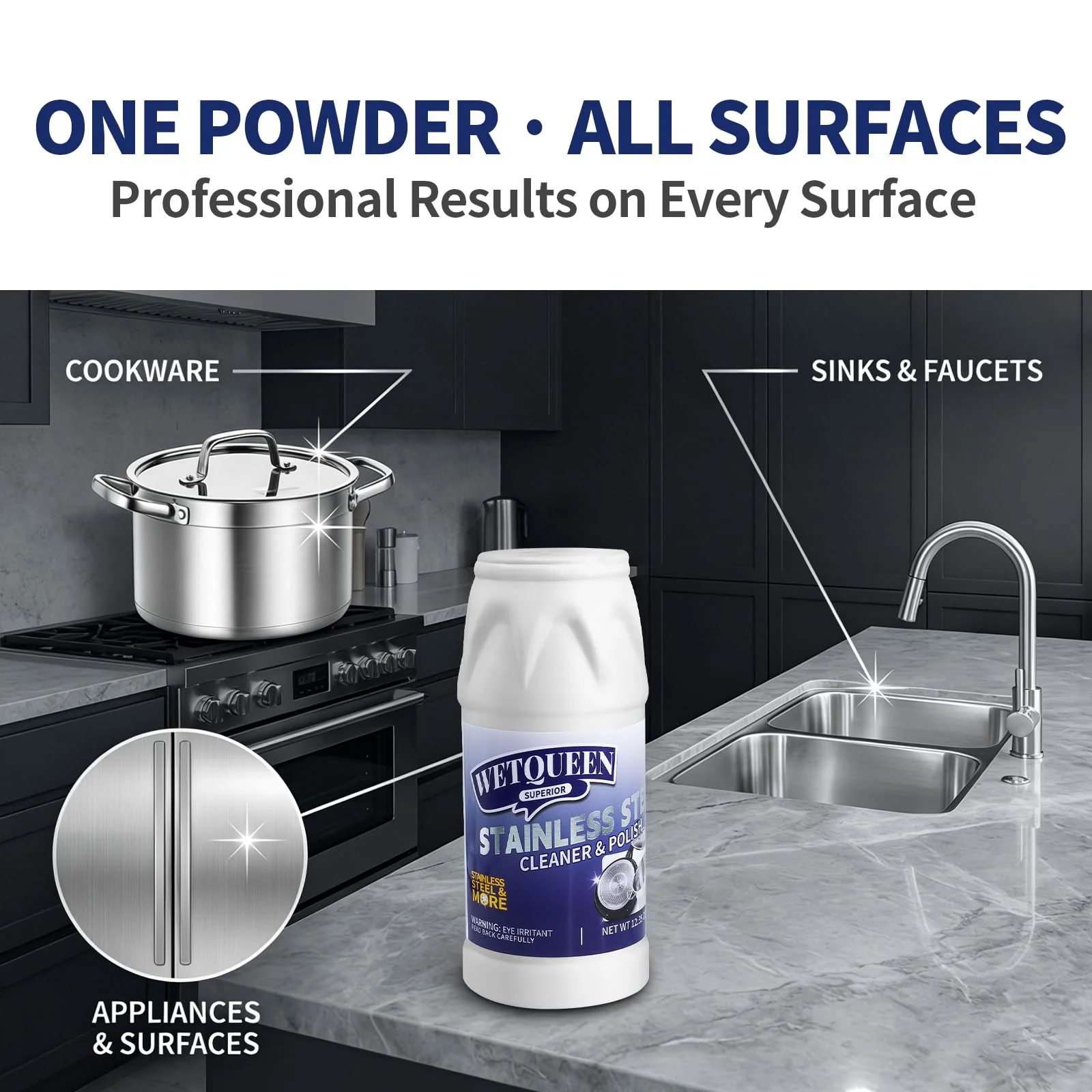 WETQUEEN Stainless Steel Cleaner and Polish Kit - Heavy Duty Cookware Cleanser Powder with 3 Pads - Removes Burnt Stains, Rust, Water Spots & Grease from Pots, Pans, Sinks & Appliances (12.35 oz) - Image 4