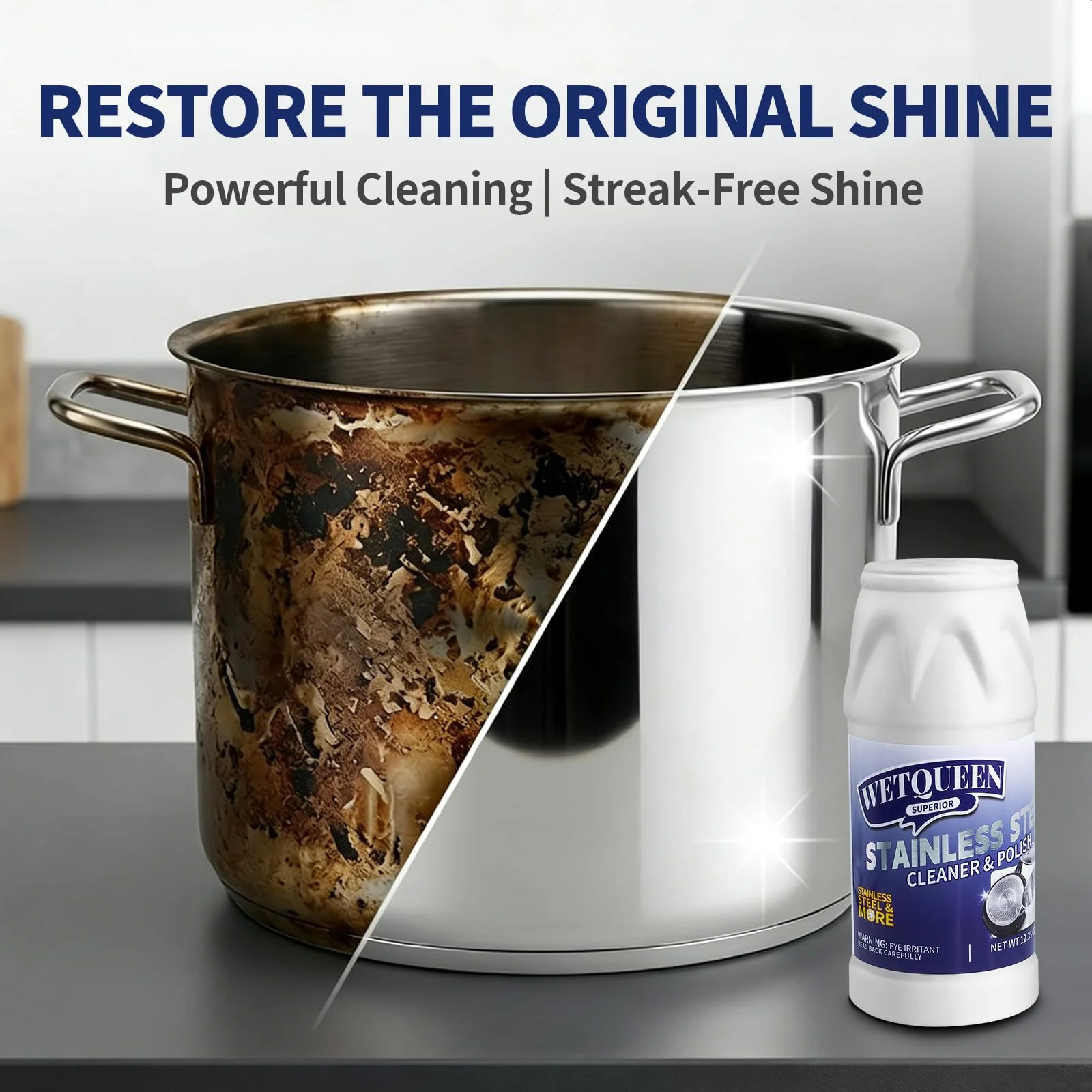 WETQUEEN Stainless Steel Cleaner and Polish Kit - Heavy Duty Cookware Cleanser Powder with 3 Pads - Removes Burnt Stains, Rust, Water Spots & Grease from Pots, Pans, Sinks & Appliances (12.35 oz) - Image 6
