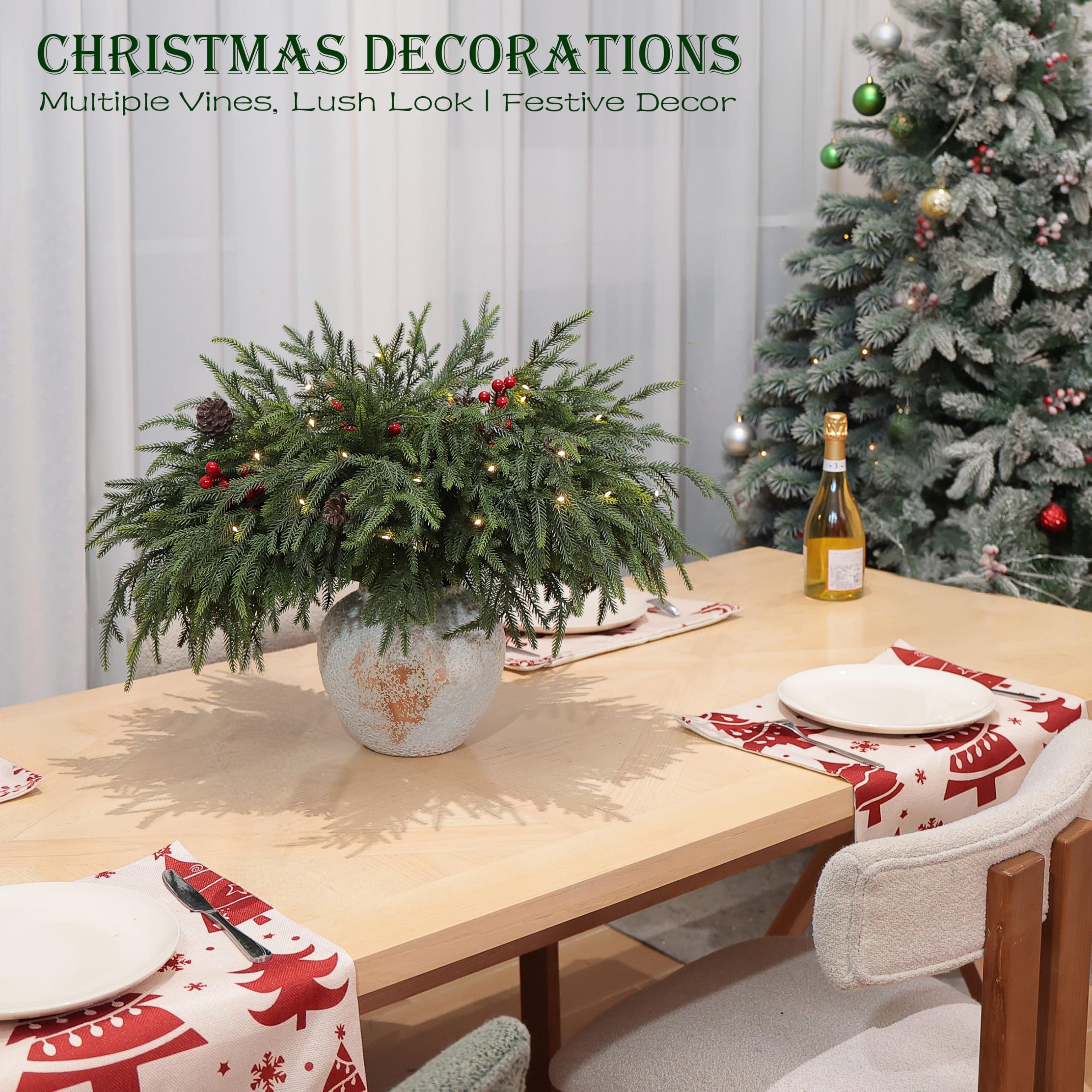 WHANLEY L&Q 20-Piece Set 23" Christmas Norfolk Pine Branches with Lights - Battery Operated Christmas Decorations - Warm Lights -Norfolk Pine Stems for Xmas DIY Crafts Garland Wreath- Christmas Decor - Image 4