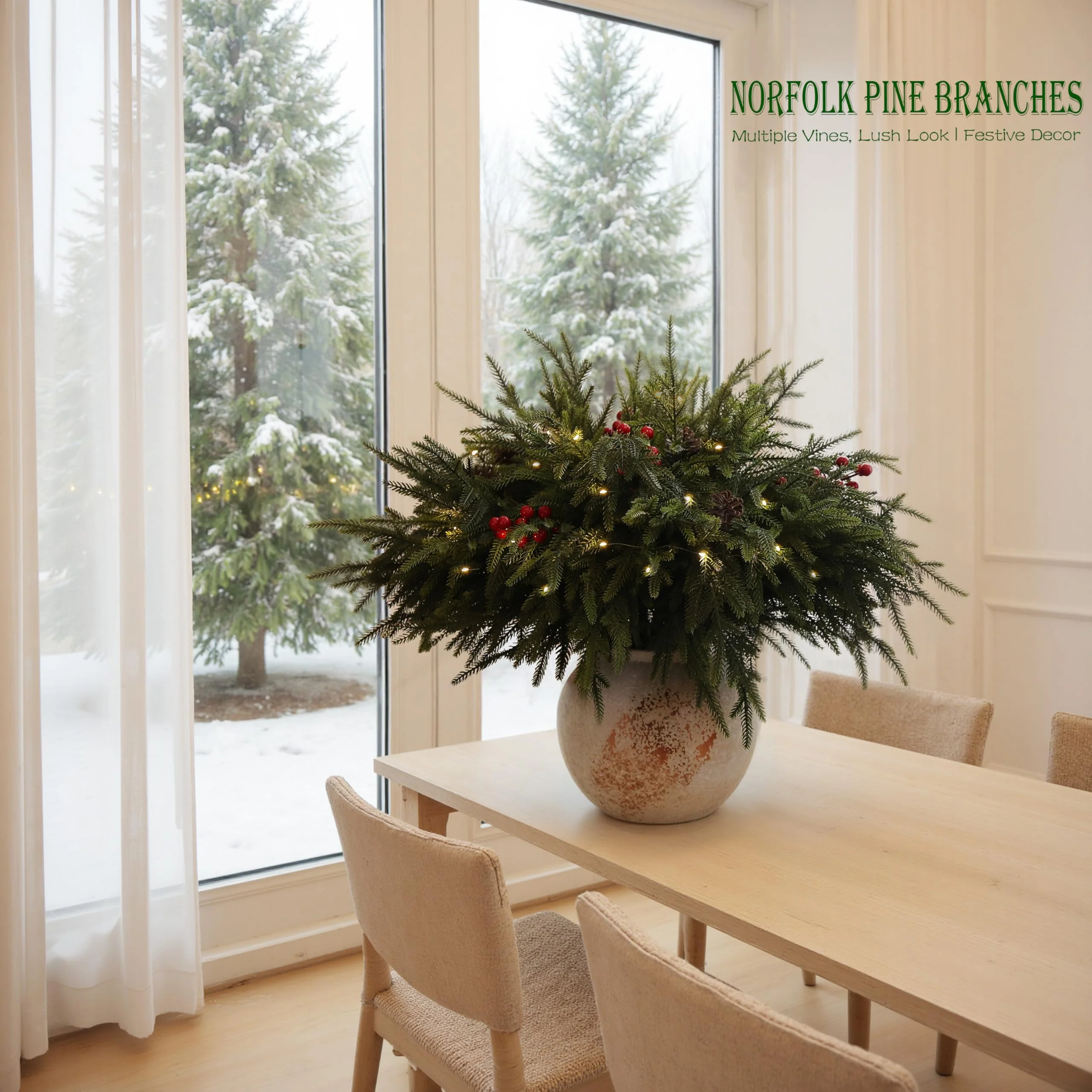 WHANLEY L&Q 20-Piece Set 23" Christmas Norfolk Pine Branches with Lights - Battery Operated Christmas Decorations - Warm Lights -Norfolk Pine Stems for Xmas DIY Crafts Garland Wreath- Christmas Decor - Image 5