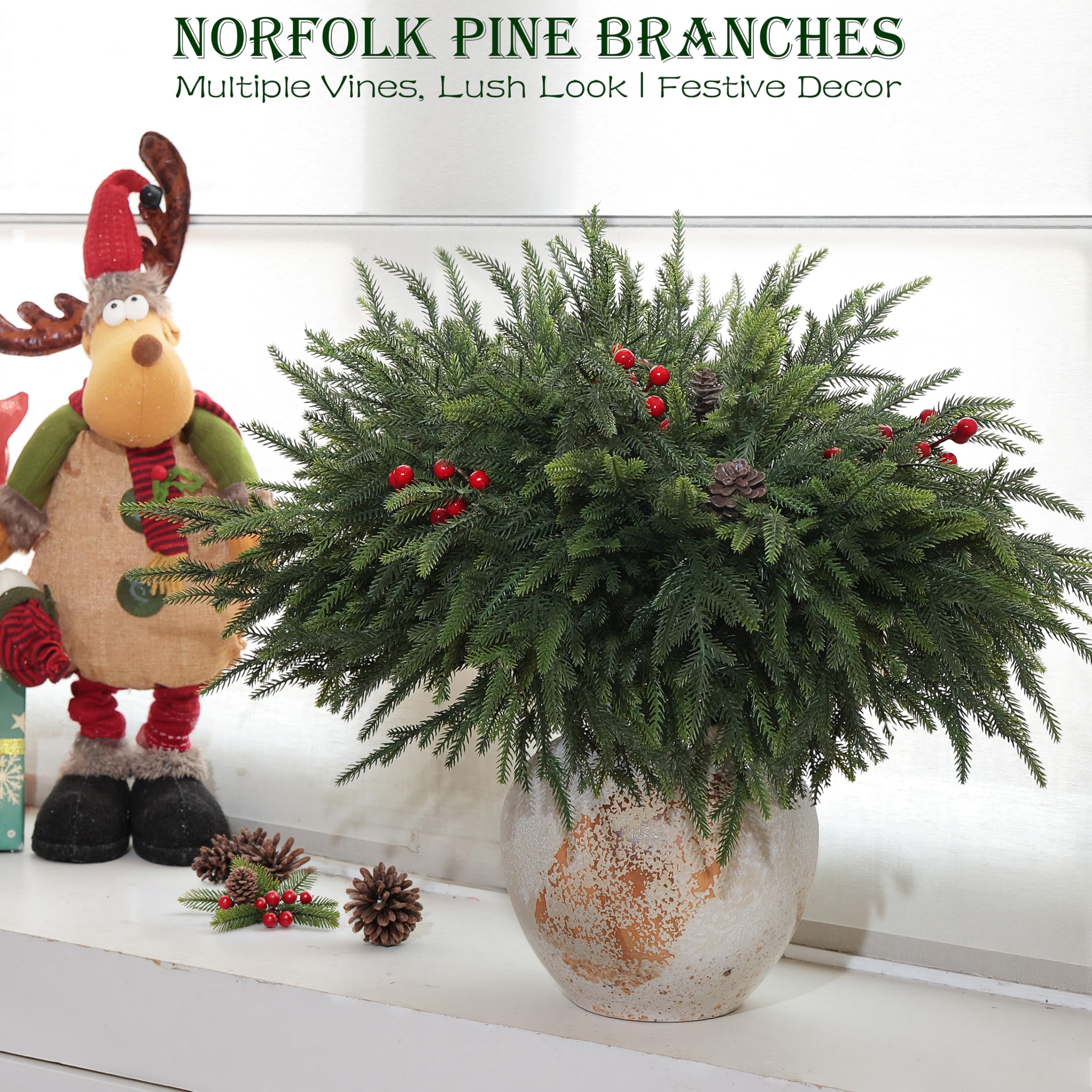 WHANLEY L&Q 20-Piece Set 23" Christmas Norfolk Pine Branches with Lights - Battery Operated Christmas Decorations - Warm Lights -Norfolk Pine Stems for Xmas DIY Crafts Garland Wreath- Christmas Decor - Image 6