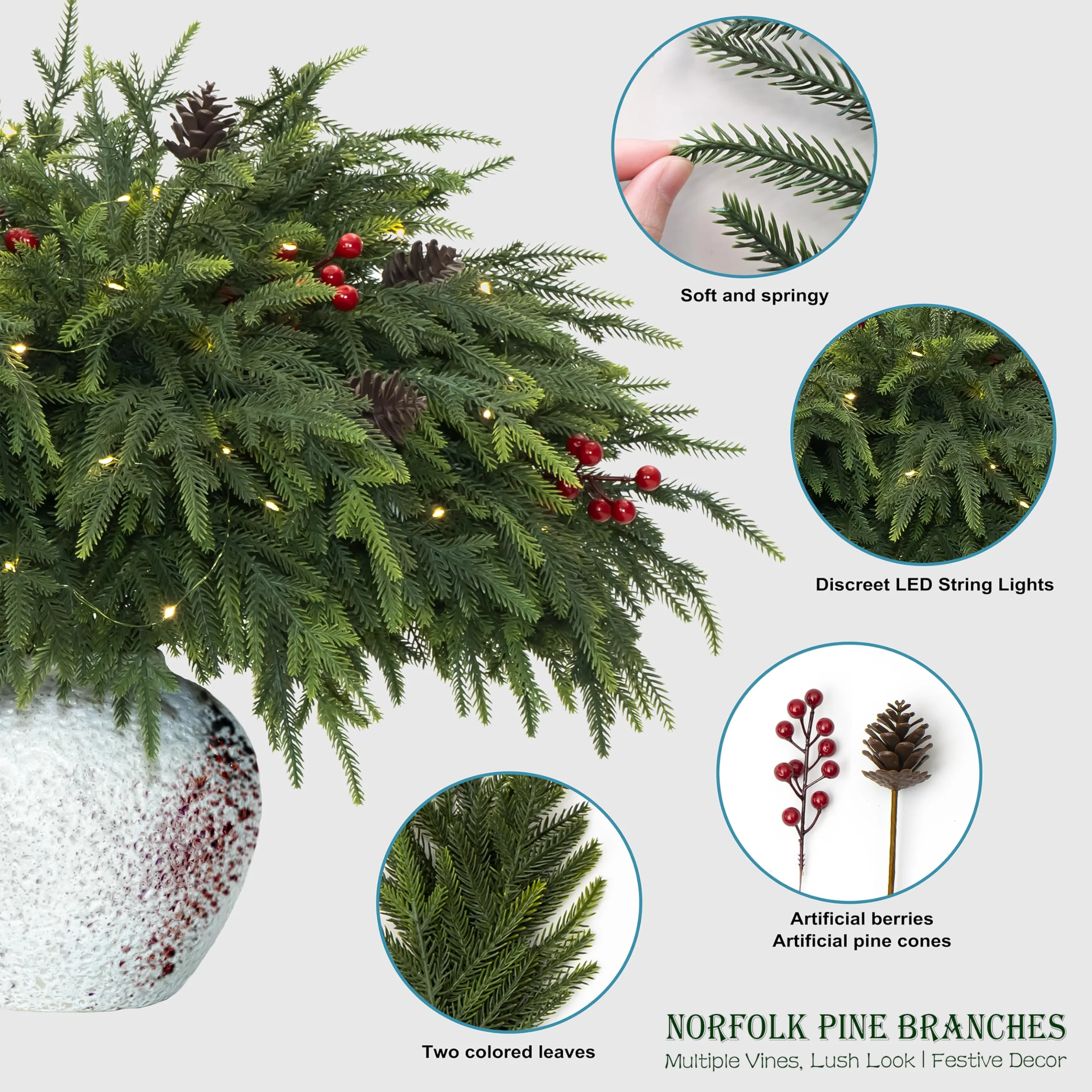 WHANLEY L&Q 20-Piece Set 23" Christmas Norfolk Pine Branches with Lights - Battery Operated Christmas Decorations - Warm Lights -Norfolk Pine Stems for Xmas DIY Crafts Garland Wreath- Christmas Decor - Image 7