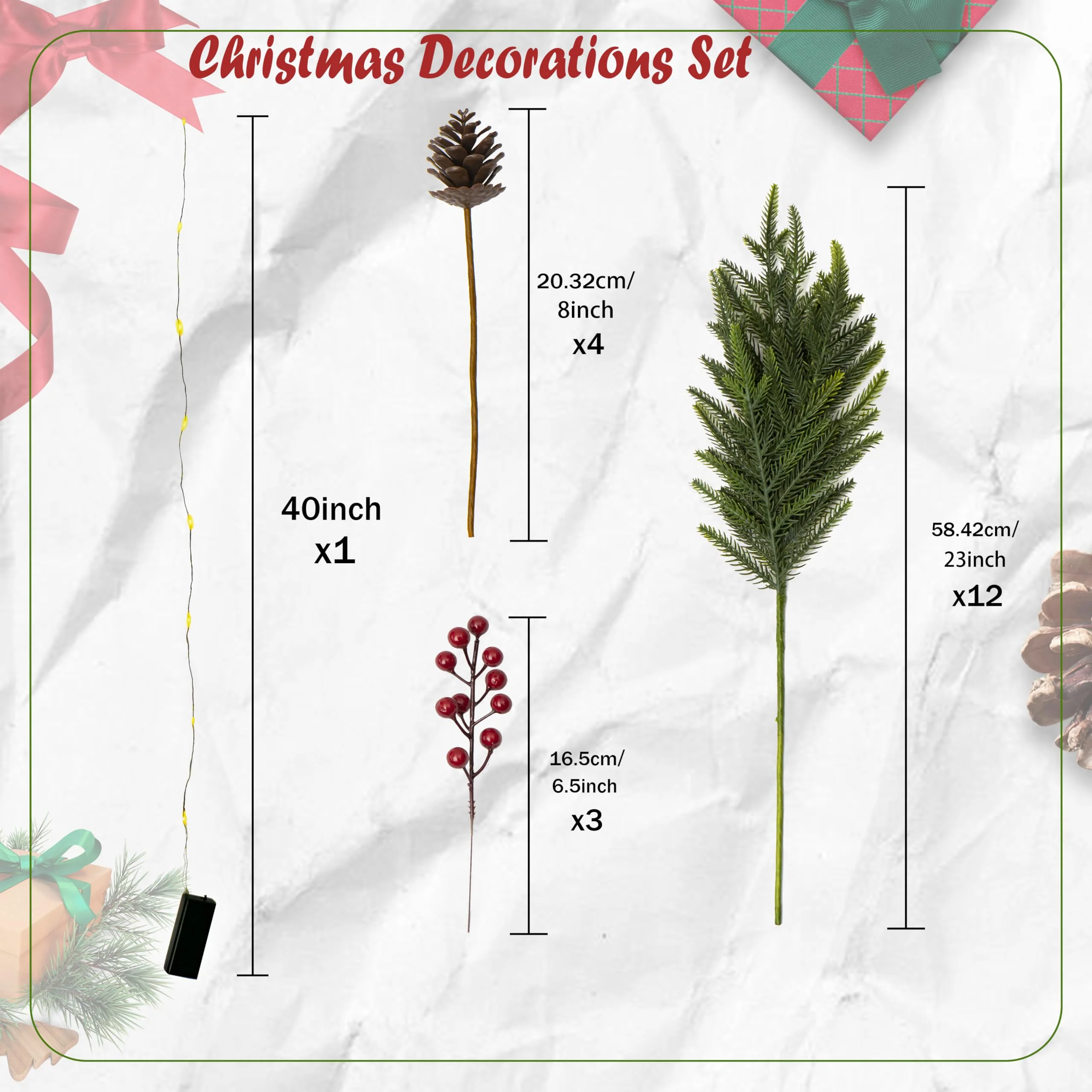 WHANLEY L&Q 20-Piece Set 23" Christmas Norfolk Pine Branches with Lights - Battery Operated Christmas Decorations - Warm Lights -Norfolk Pine Stems for Xmas DIY Crafts Garland Wreath- Christmas Decor - Image 8