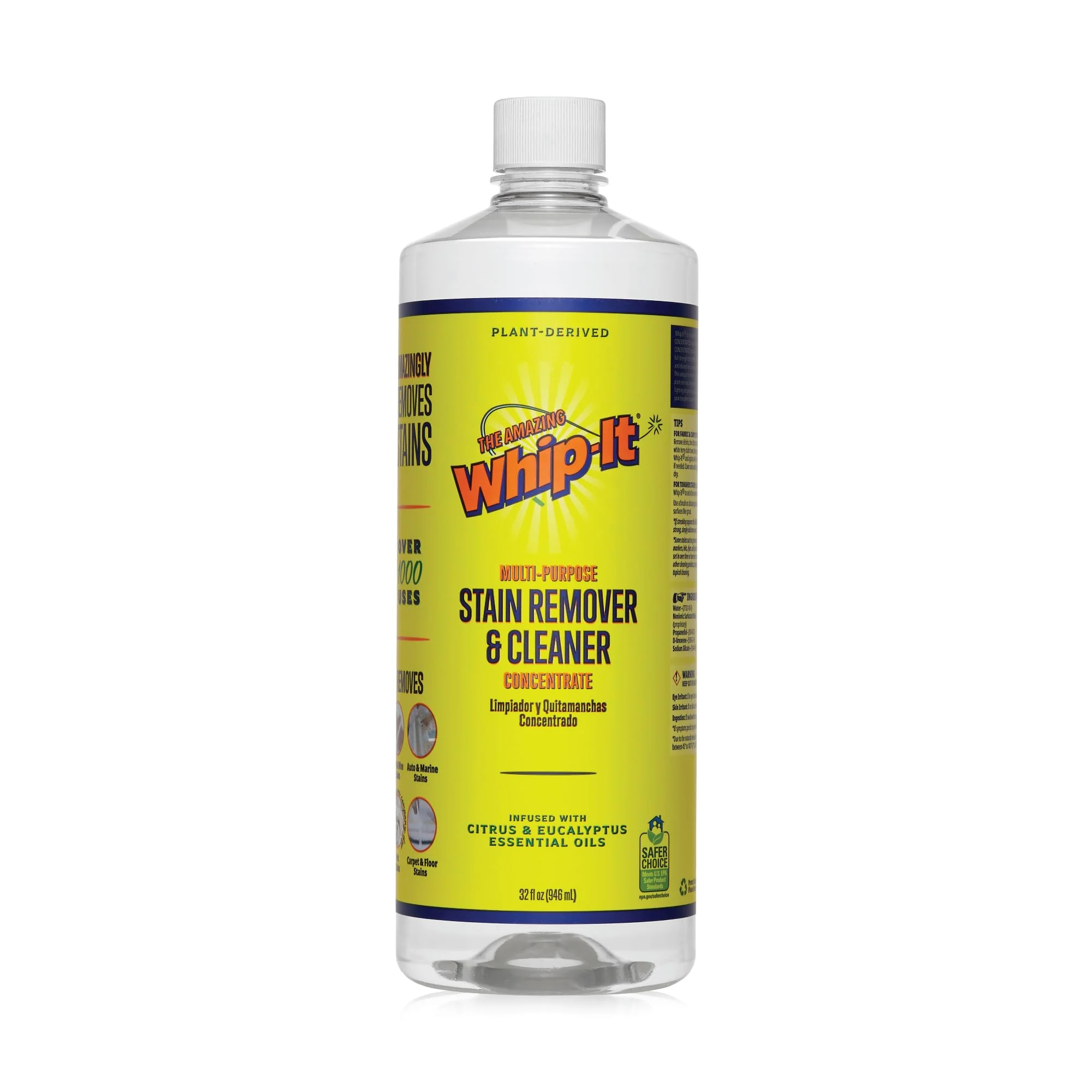 Whip It Cleaner, Multi Purpose Stain Remover CONCENTRATE, Makes 32 Bottles, Plant Based Enzyme Cleaner, Cleaning Food, Grease, Coffee, Wine, Baby Stains, pet stains, Over 500 uses, Made in USA, 32 OZ
