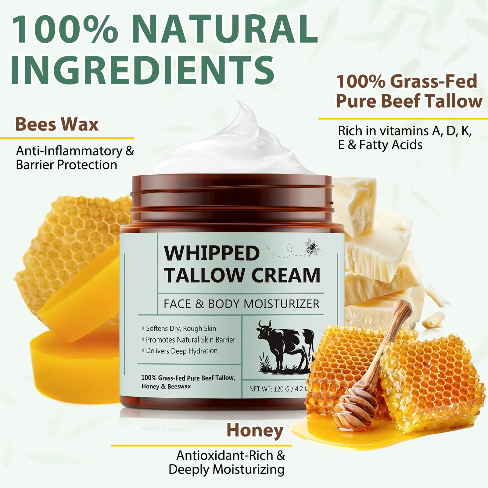 Whipped Beef Tallow for Skin - 100% Grass Fed Pure Beef Tallow with Honey, Natural Moisturizing Cream for Face and Body, Deep Hydration Softens Dry Skin, Nourishing Tallow Cream 4.2 Oz (2 Packs ) - Image 2