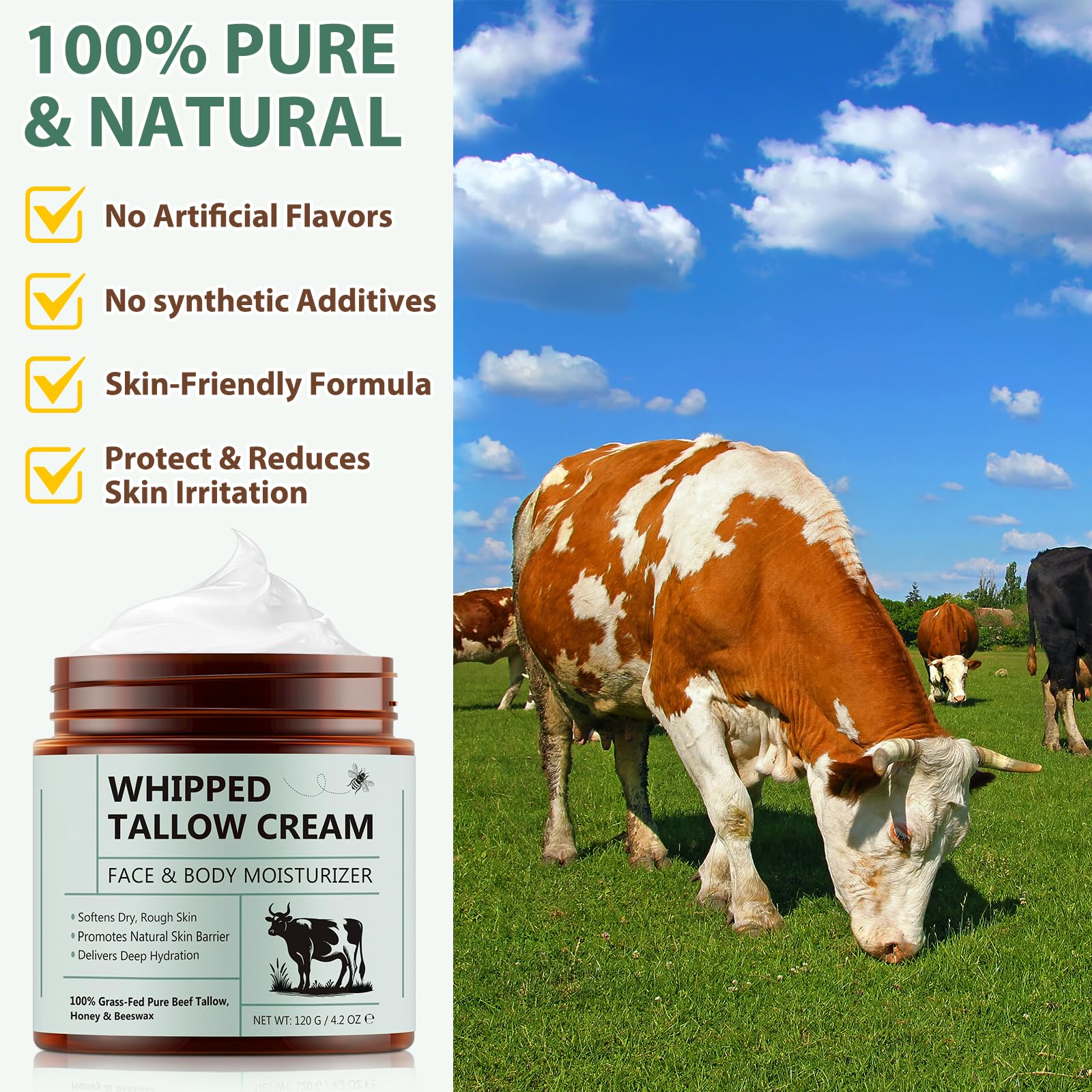 Whipped Beef Tallow for Skin - 100% Grass Fed Pure Beef Tallow with Honey, Natural Moisturizing Cream for Face and Body, Deep Hydration Softens Dry Skin, Nourishing Tallow Cream 4.2 Oz (2 Packs ) - Image 4